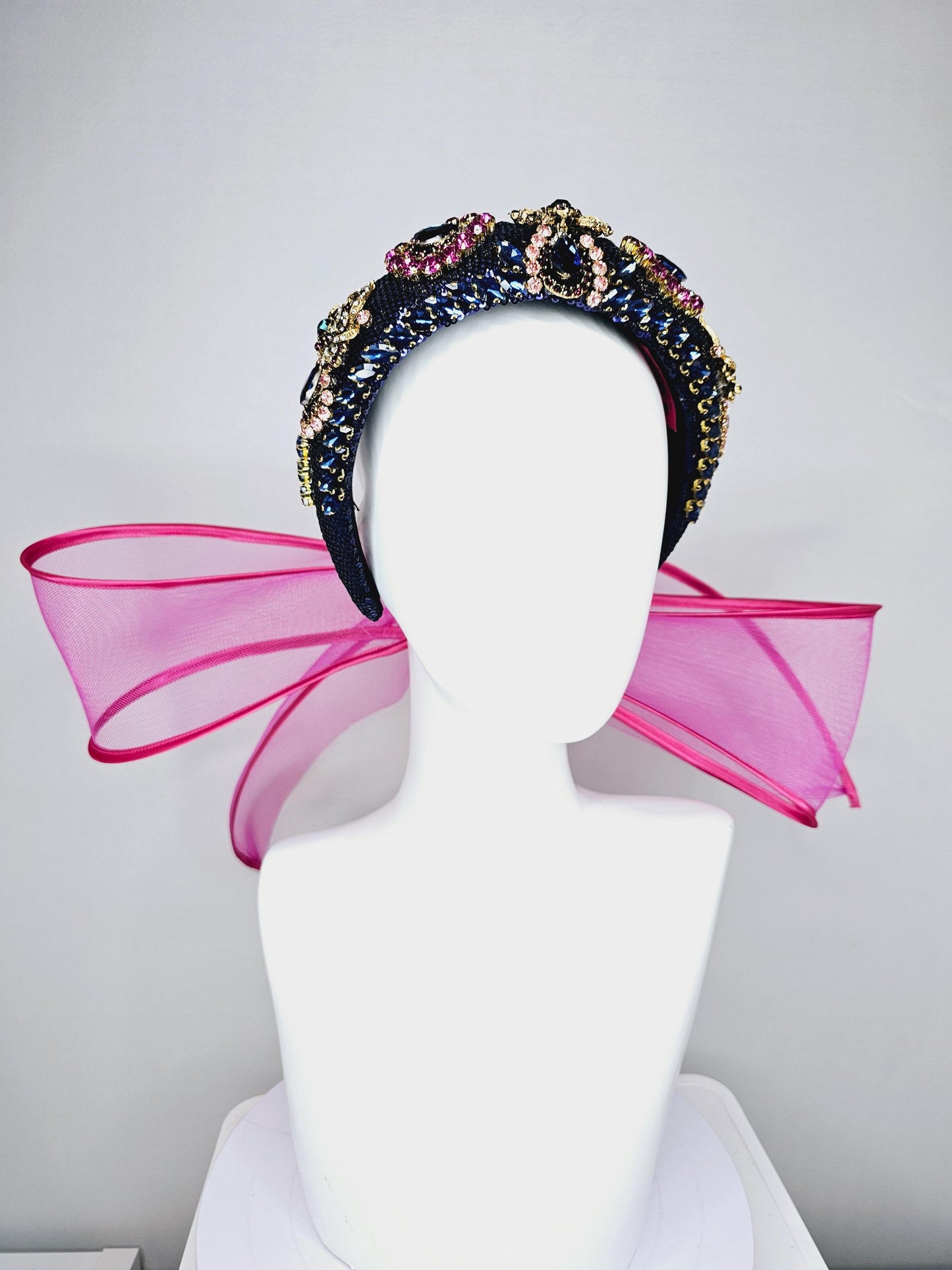 kentucky derby hat fascinator dark blue sequin headband blue purple pink crystal rhinestone encrusted gold jewels large hot pink mesh bow