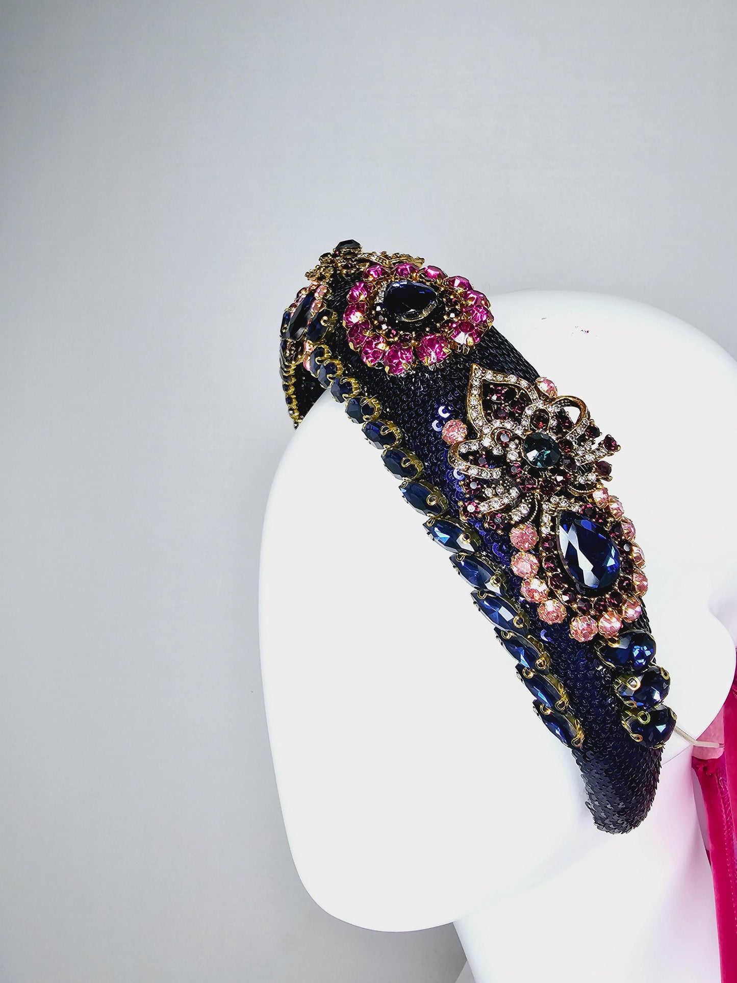 kentucky derby hat fascinator dark blue sequin headband blue purple pink crystal rhinestone encrusted gold jewels large hot pink mesh bow