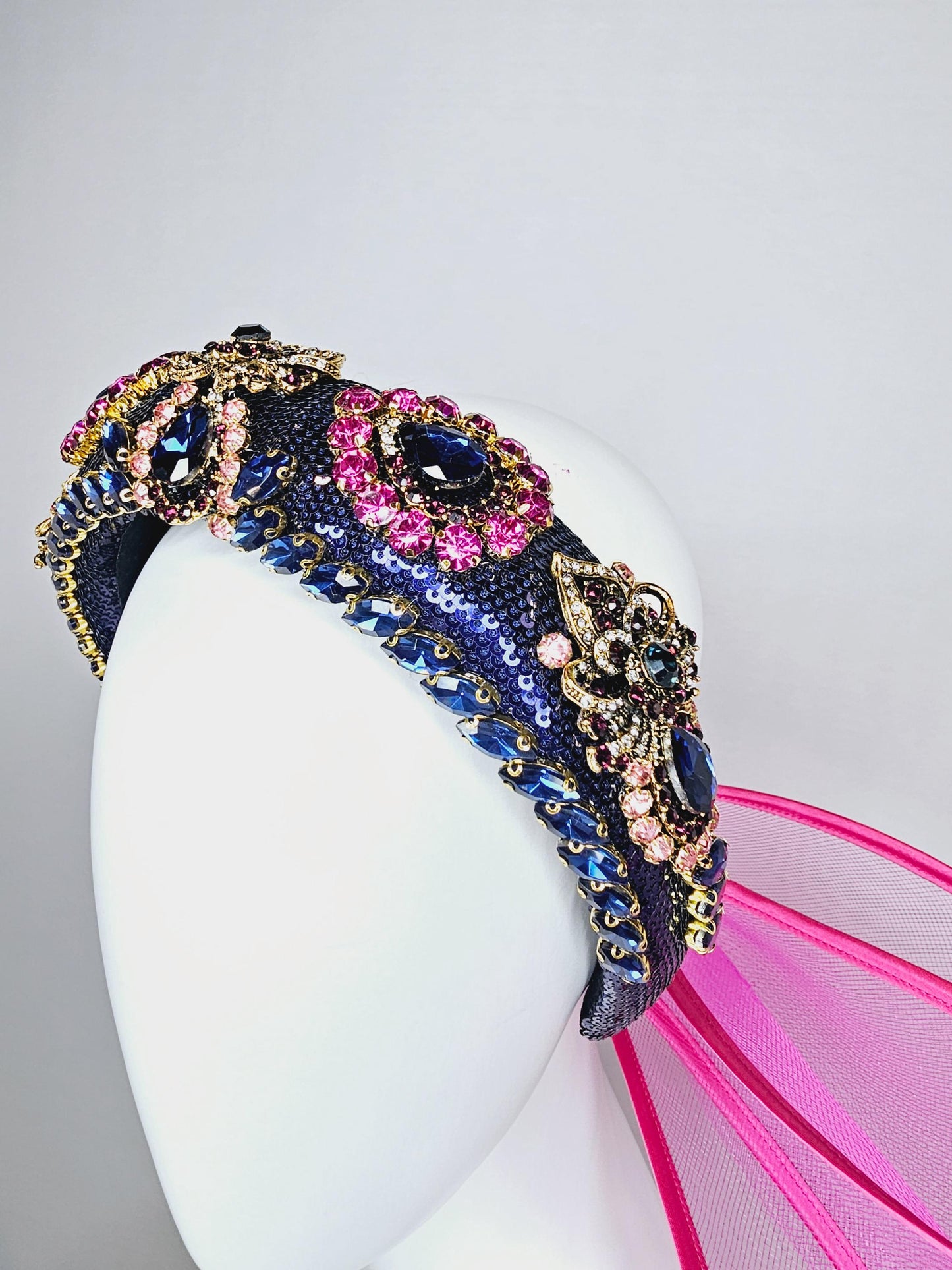 kentucky derby hat fascinator dark blue sequin headband blue purple pink crystal rhinestone encrusted gold jewels large hot pink mesh bow