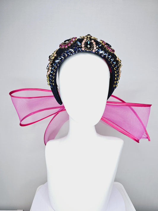 kentucky derby hat fascinator dark blue sequin headband blue purple pink crystal rhinestone encrusted gold jewels large hot pink mesh bow