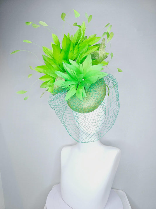 kentucky derby hat fascinator lime green sinamay with sinamay curls bright green feather flower lime green feathers with green mesh veil