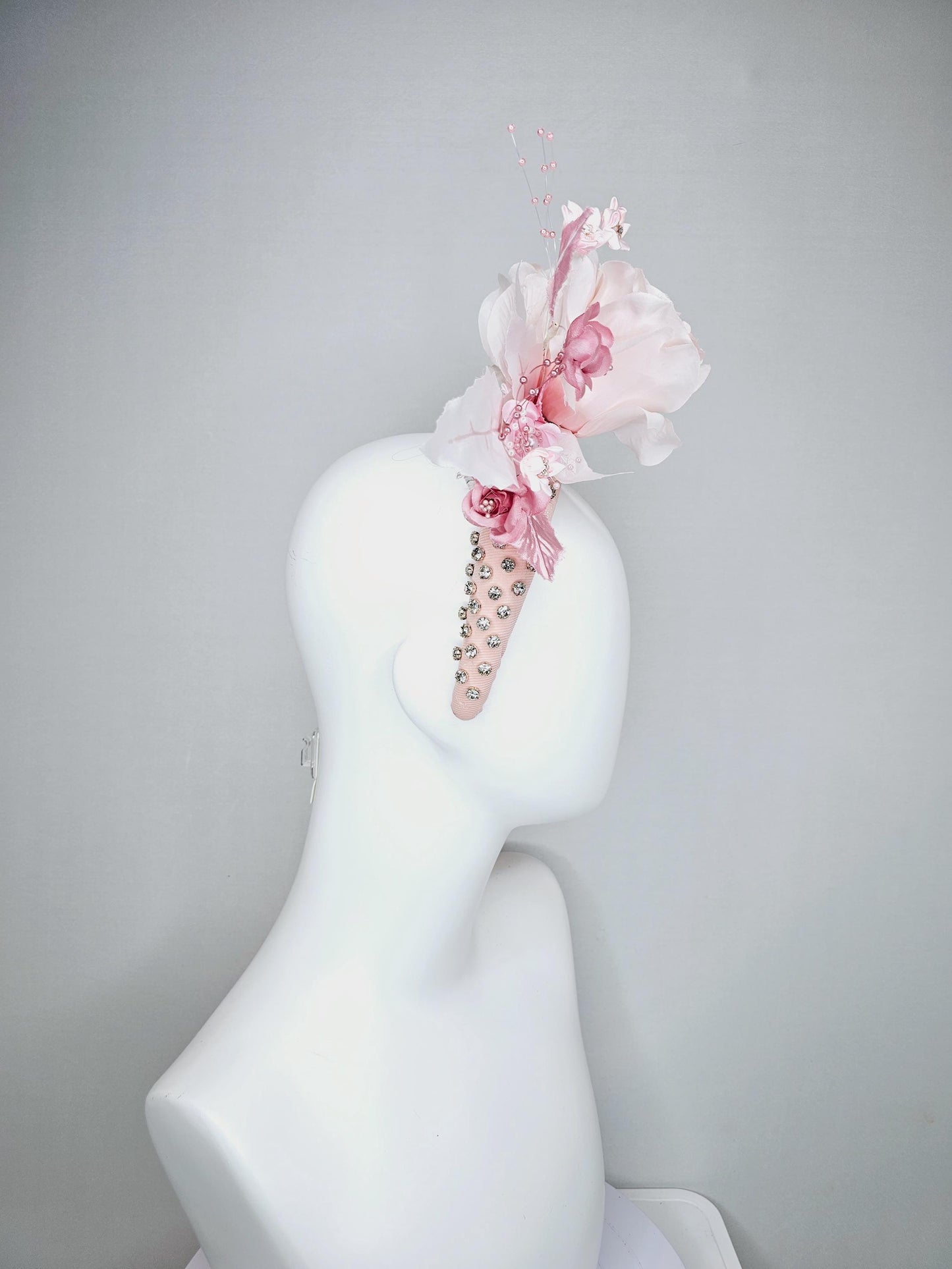 kentucky derby hat fascinator crystal beaded headband in light pink light pink blush pink satin roses light pink leaves pink pearl strings