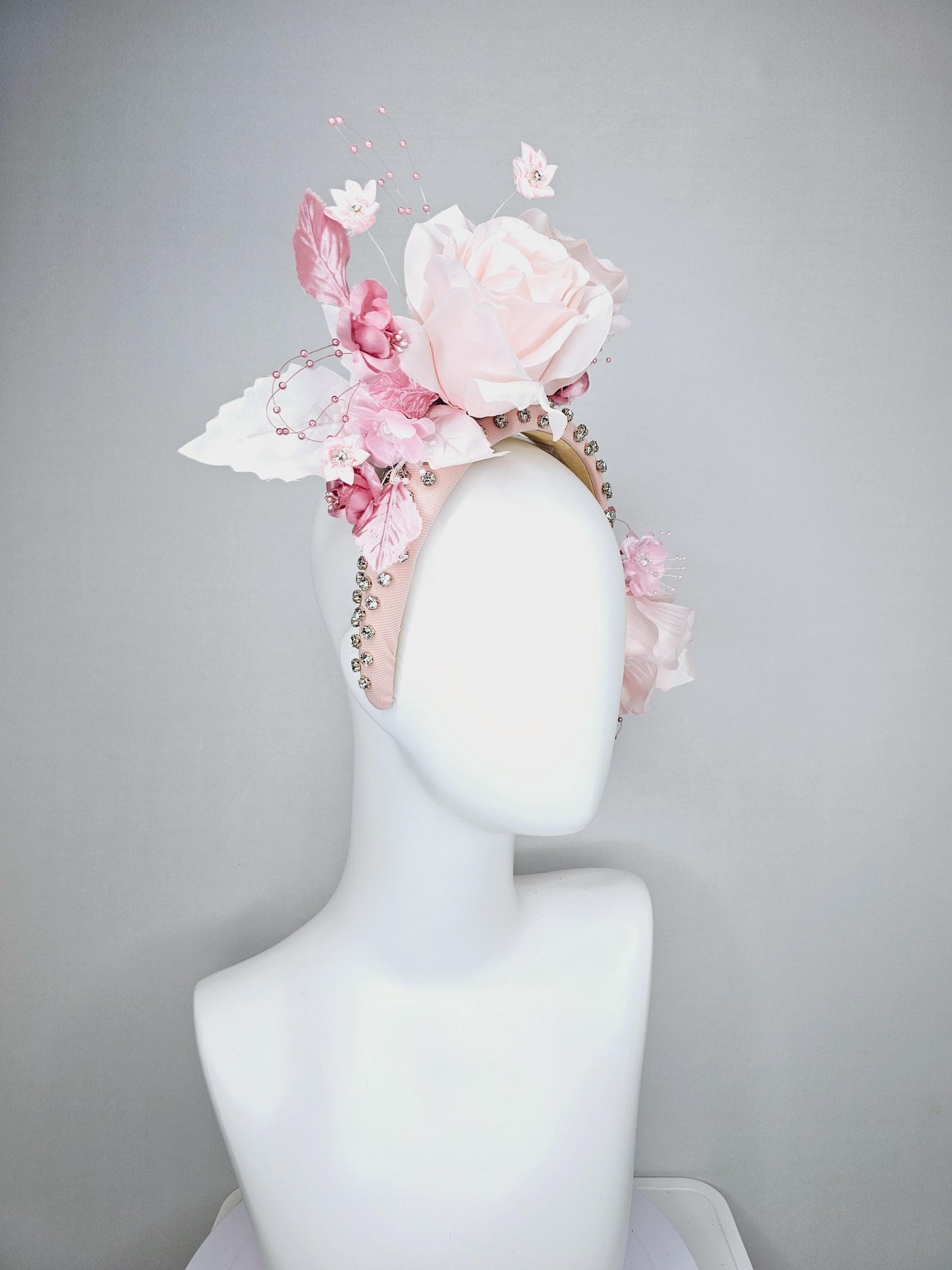 kentucky derby hat fascinator crystal beaded headband in light pink light pink blush pink satin roses light pink leaves pink pearl strings