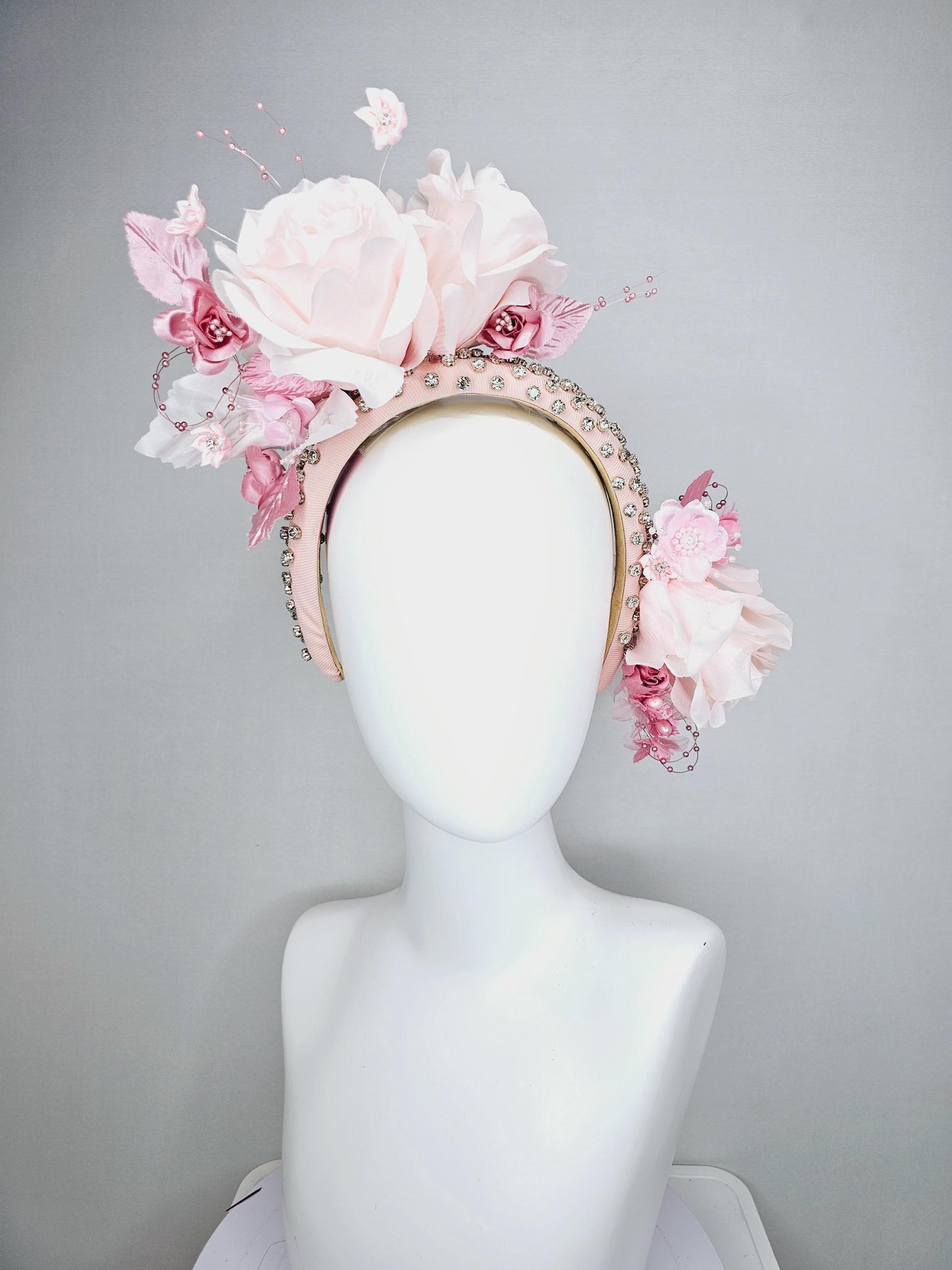 kentucky derby hat fascinator crystal beaded headband in light pink light pink blush pink satin roses light pink leaves pink pearl strings