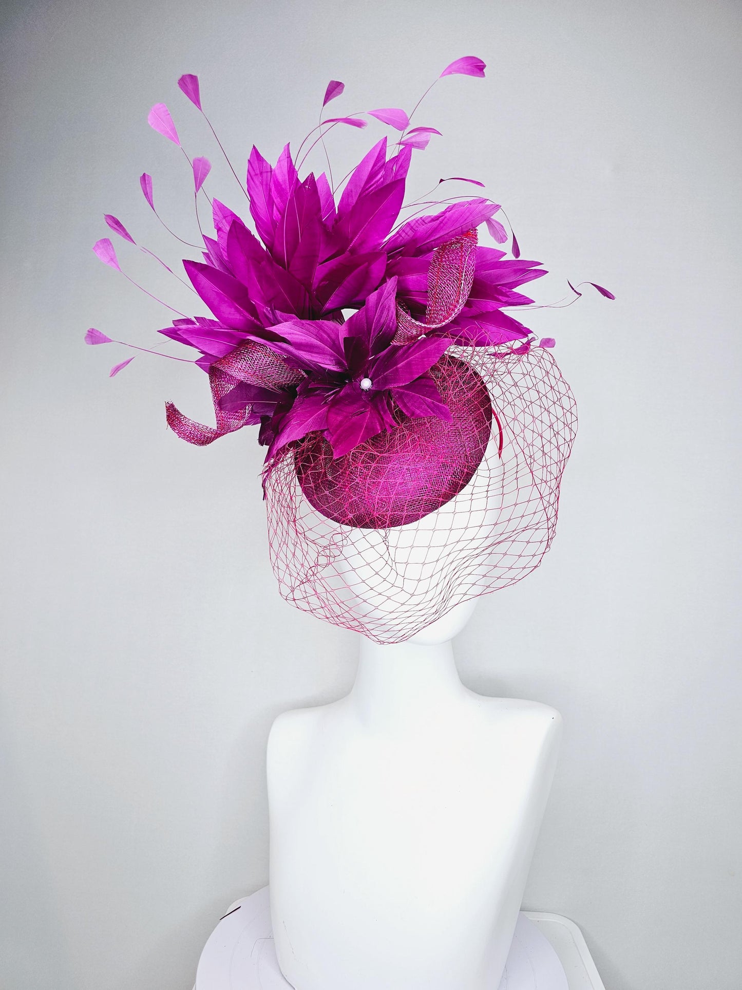 kentucky derby hat fascinator magenta purple sinamay with sinamay curls magenta purple feather flower magenta feathers with pink mesh veil