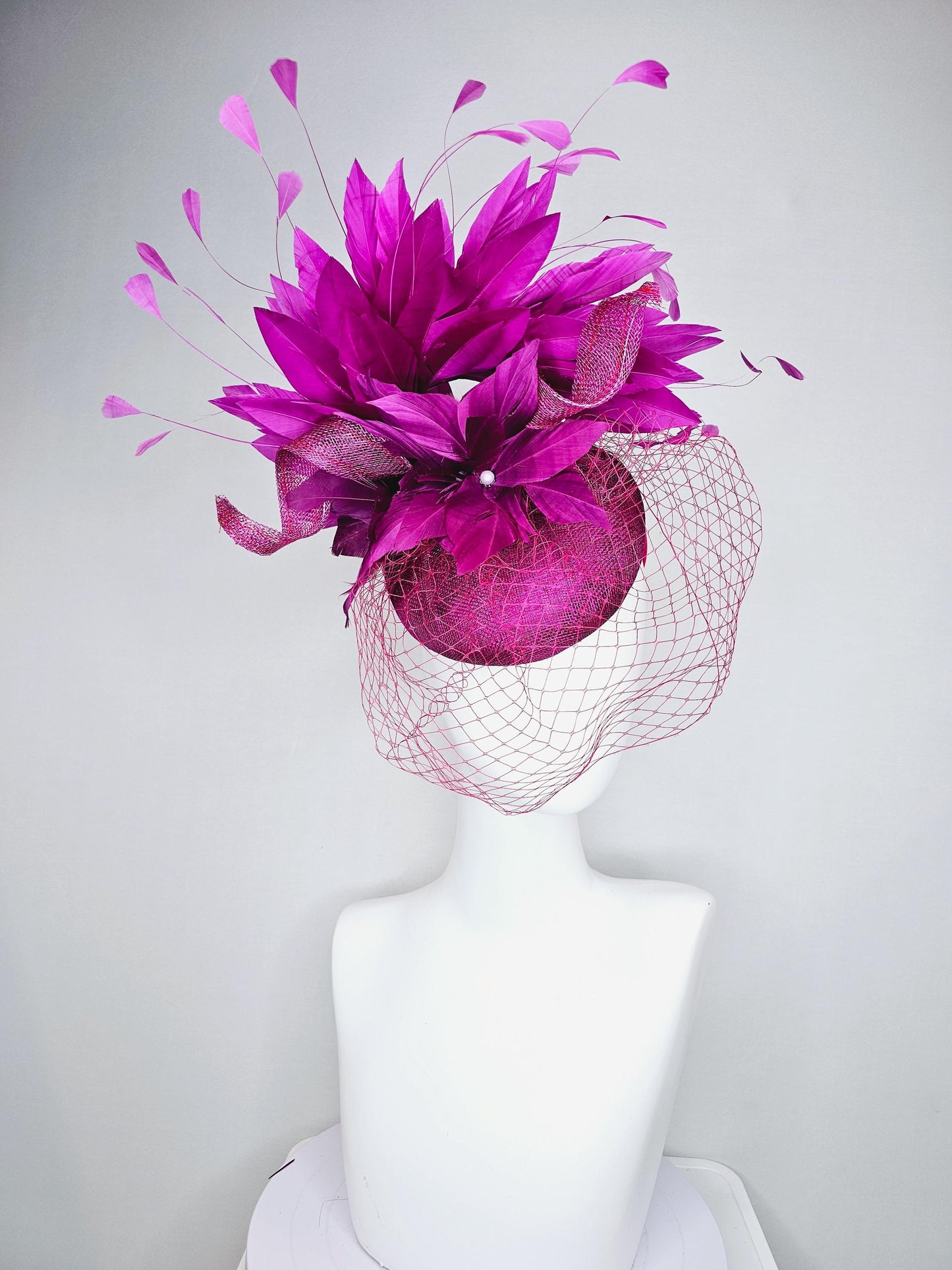 kentucky derby hat fascinator magenta purple sinamay with sinamay curls magenta purple feather flower magenta feathers with pink mesh veil