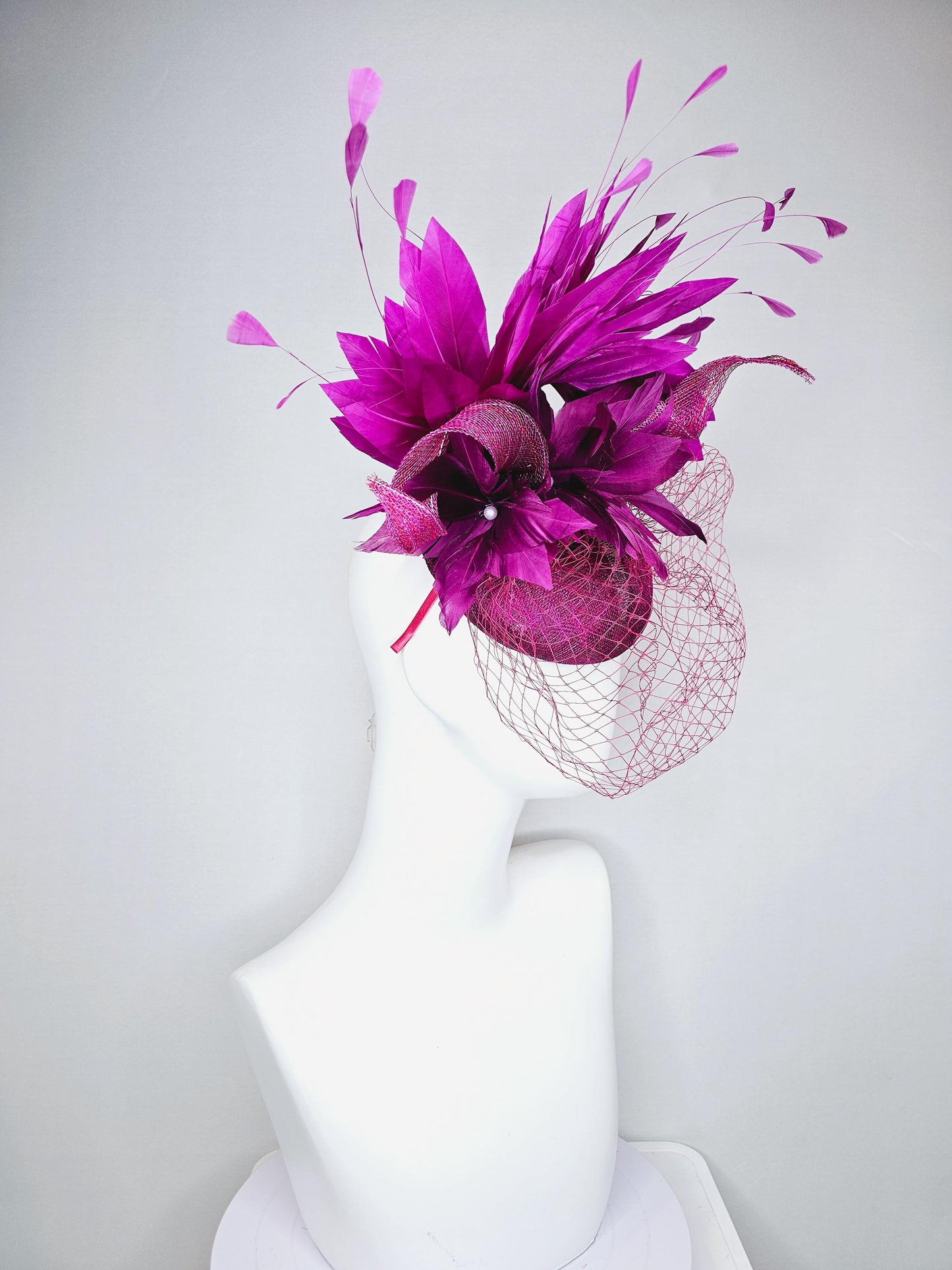 kentucky derby hat fascinator magenta purple sinamay with sinamay curls magenta purple feather flower magenta feathers with pink mesh veil