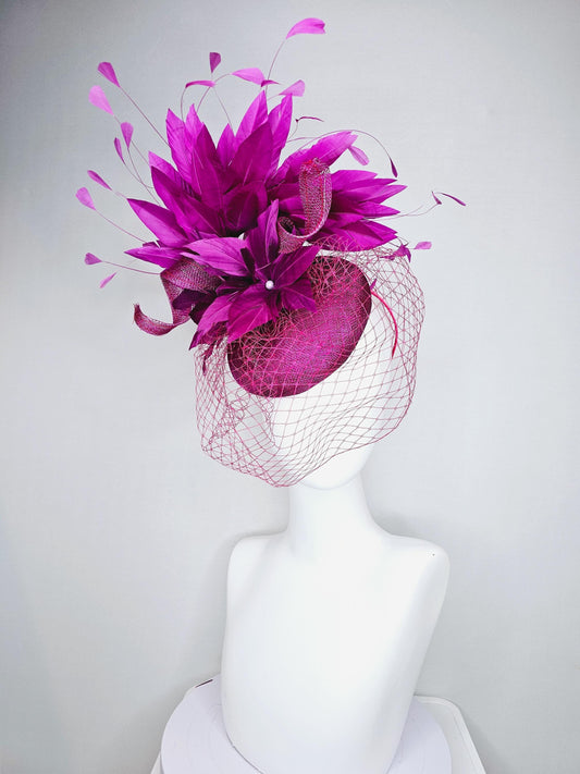 kentucky derby hat fascinator magenta purple sinamay with sinamay curls magenta purple feather flower magenta feathers with pink mesh veil