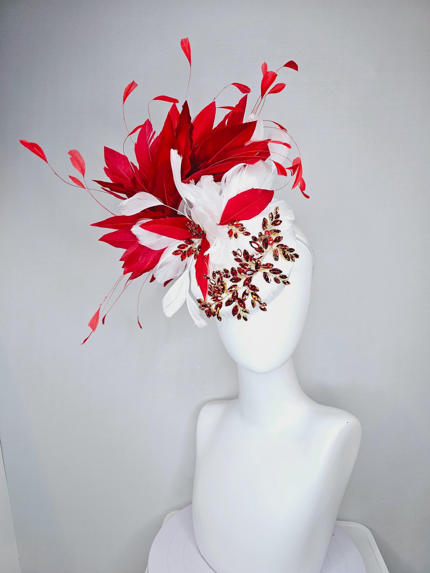 kentucky derby hat fascinator white satin with netting and red crystal beaded jewel stems with scarlet red and white branching feathers