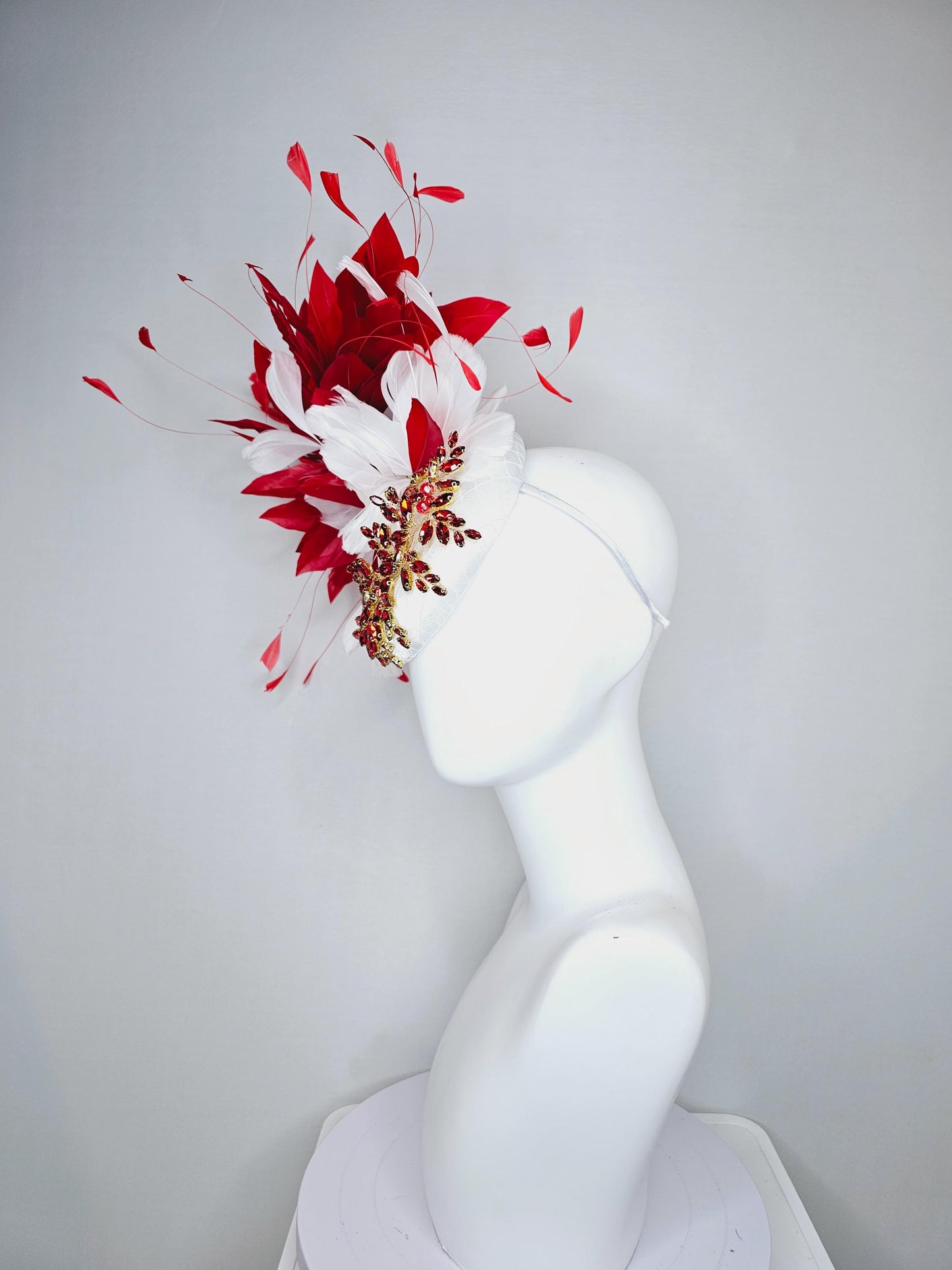 kentucky derby hat fascinator white satin with netting and red crystal beaded jewel stems with scarlet red and white branching feathers