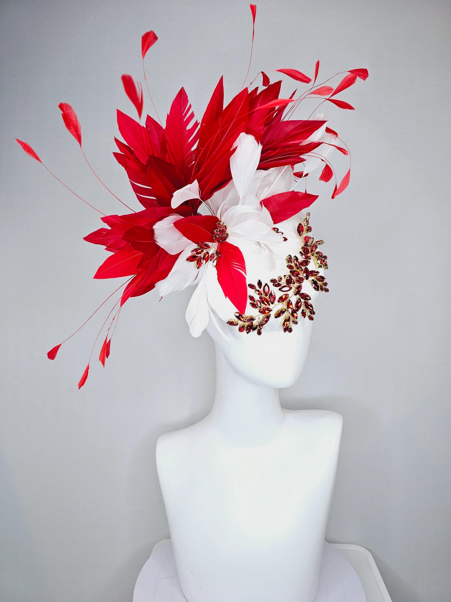 kentucky derby hat fascinator white satin with netting and red crystal beaded jewel stems with scarlet red and white branching feathers