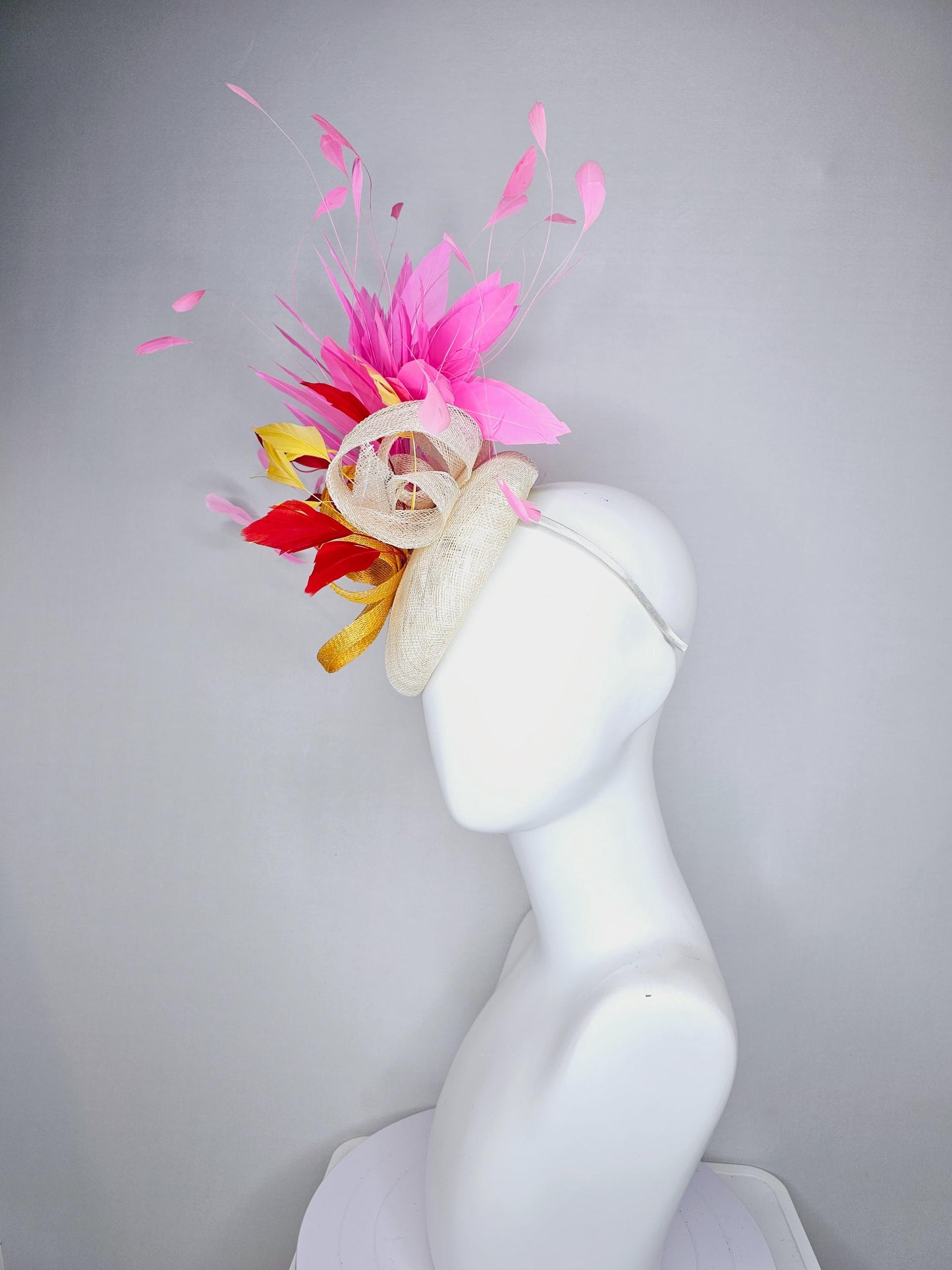 kentucky derby hat fascinator ivory white sinamay with ivory white yellow red sinamay curls with yellow red feathers pink branching feathers