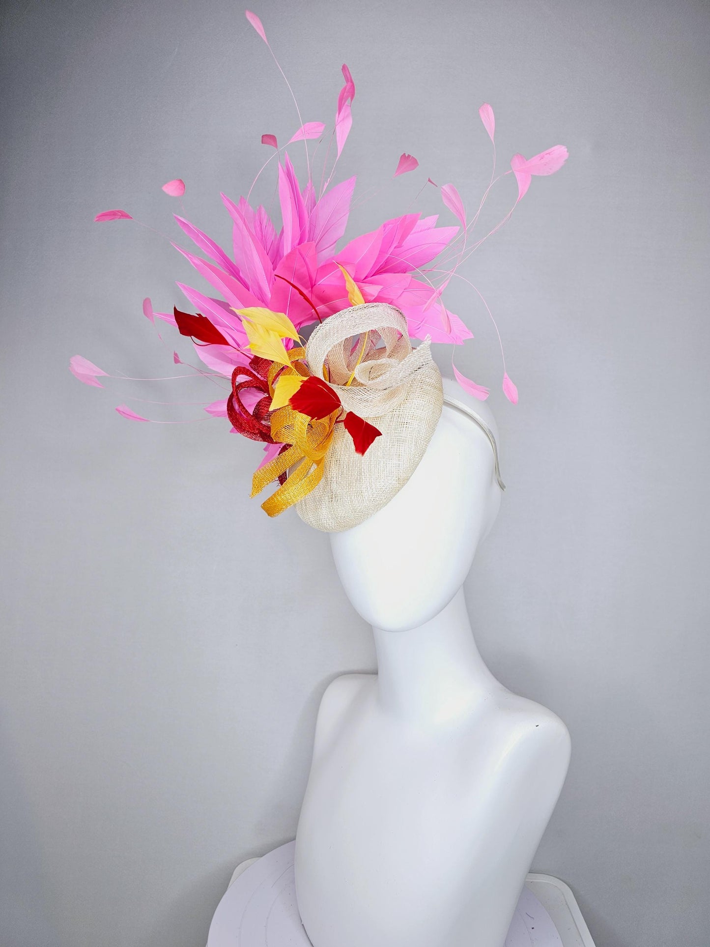 kentucky derby hat fascinator ivory white sinamay with ivory white yellow red sinamay curls with yellow red feathers pink branching feathers