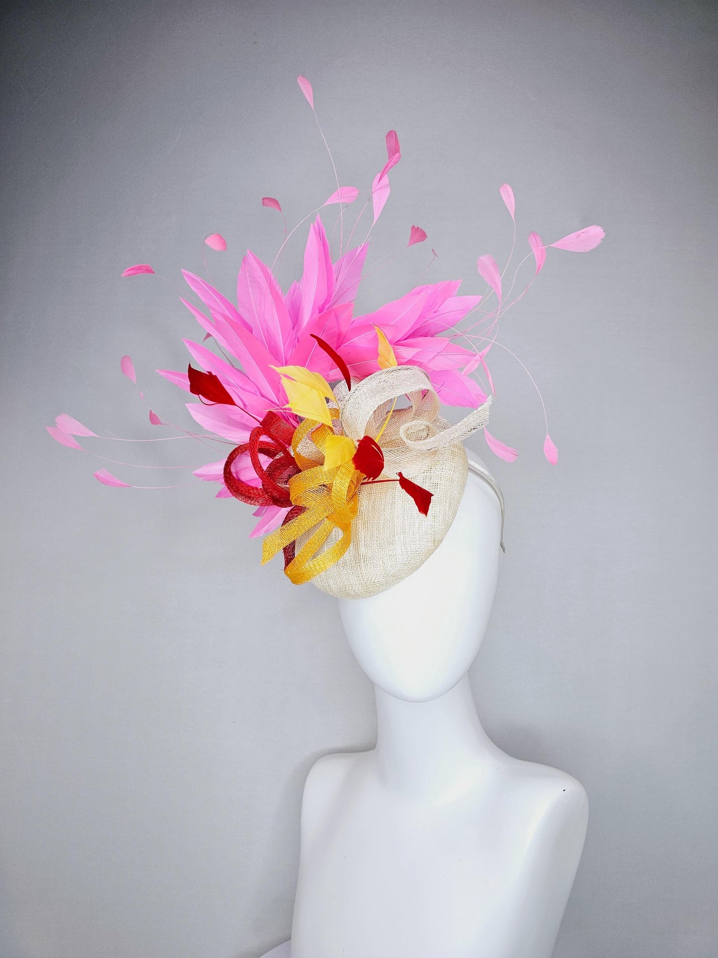 kentucky derby hat fascinator ivory white sinamay with ivory white yellow red sinamay curls with yellow red feathers pink branching feathers