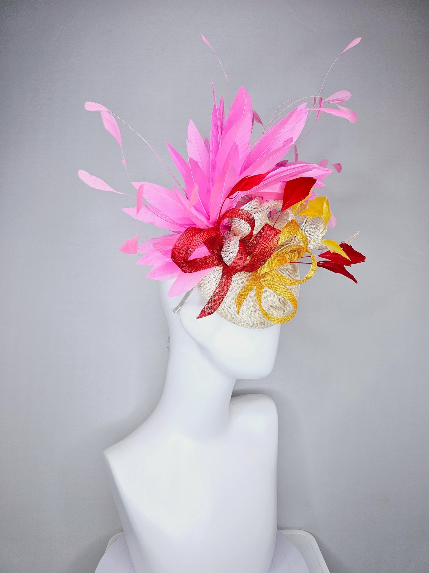 kentucky derby hat fascinator ivory white sinamay with ivory white yellow red sinamay curls with yellow red feathers pink branching feathers