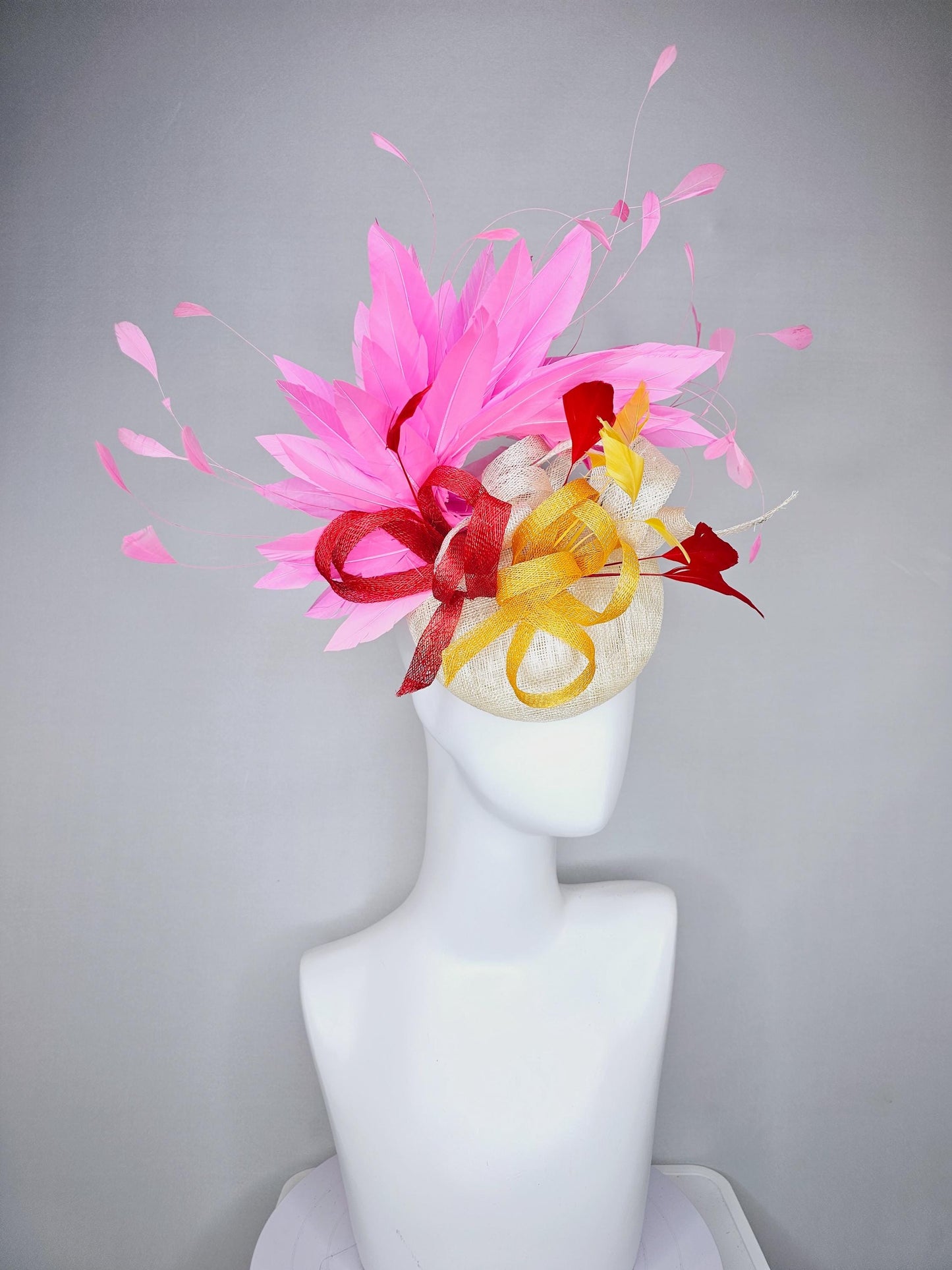 kentucky derby hat fascinator ivory white sinamay with ivory white yellow red sinamay curls with yellow red feathers pink branching feathers