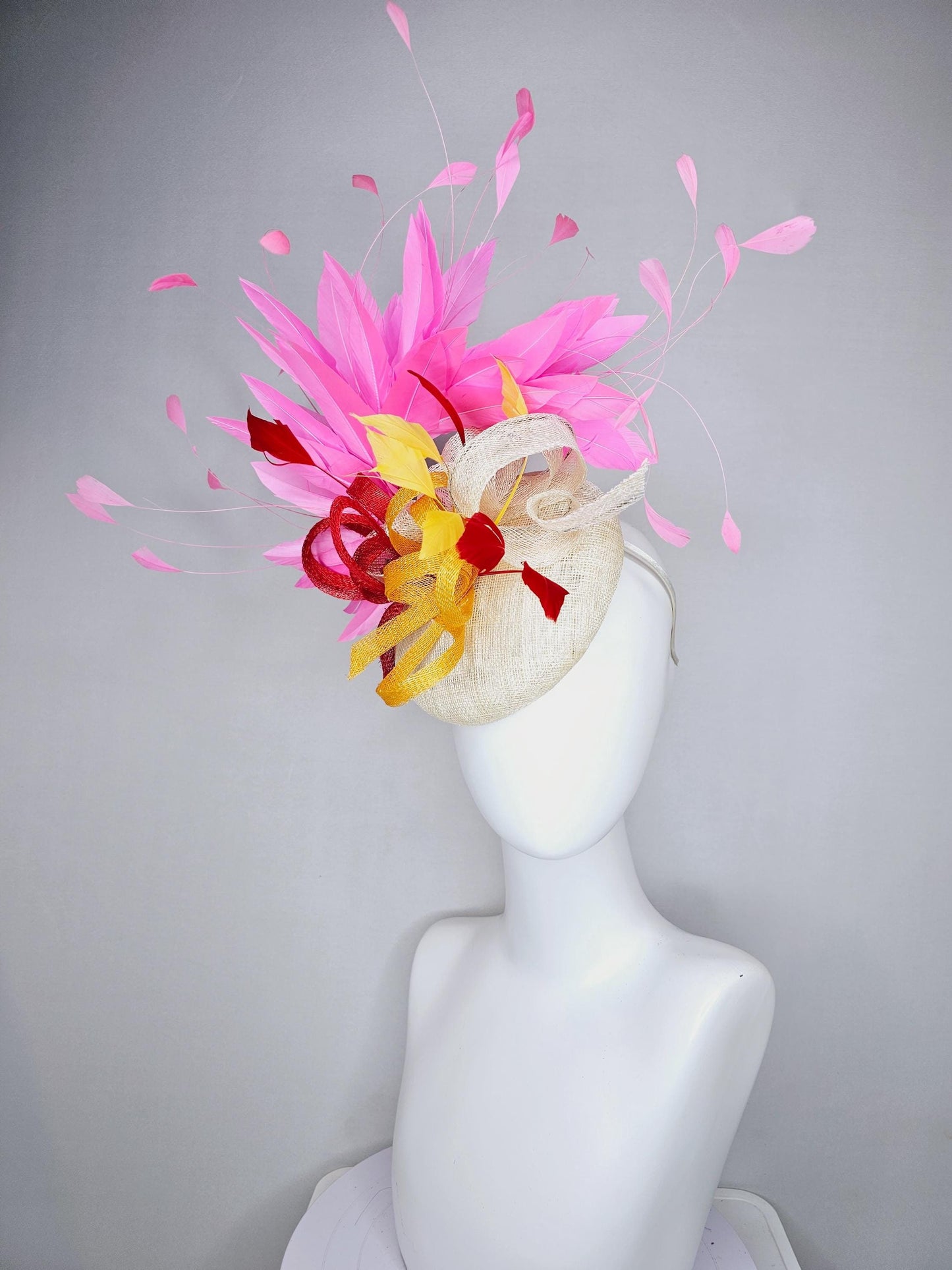 kentucky derby hat fascinator ivory white sinamay with ivory white yellow red sinamay curls with yellow red feathers pink branching feathers