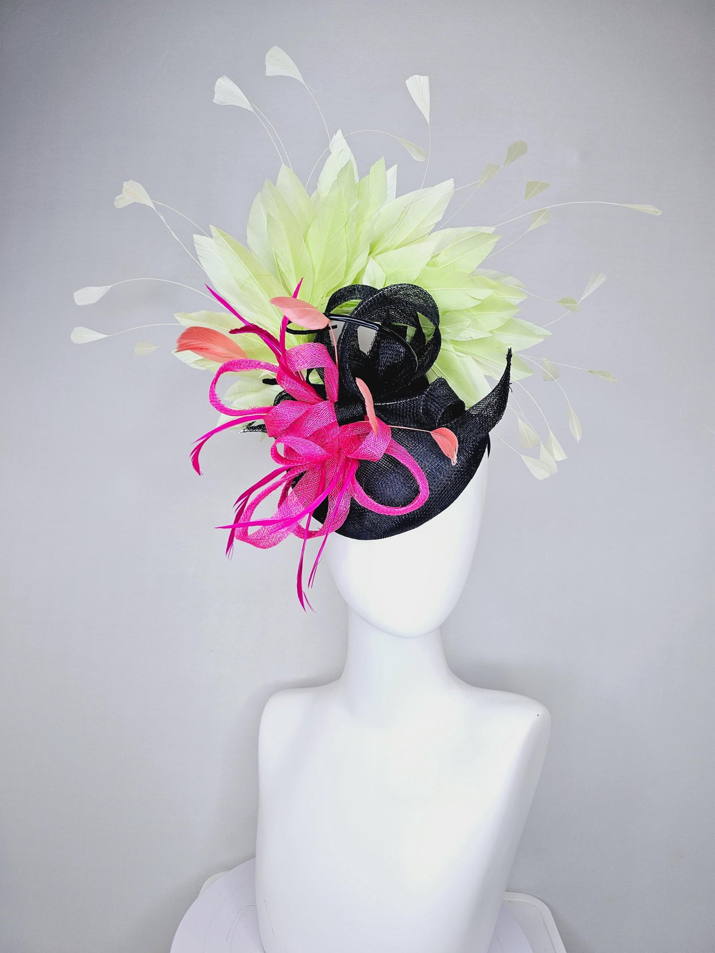 kentucky derby hat fascinator black sinamay with black and pink sinamay curls and pink feathers with light green branching feathers
