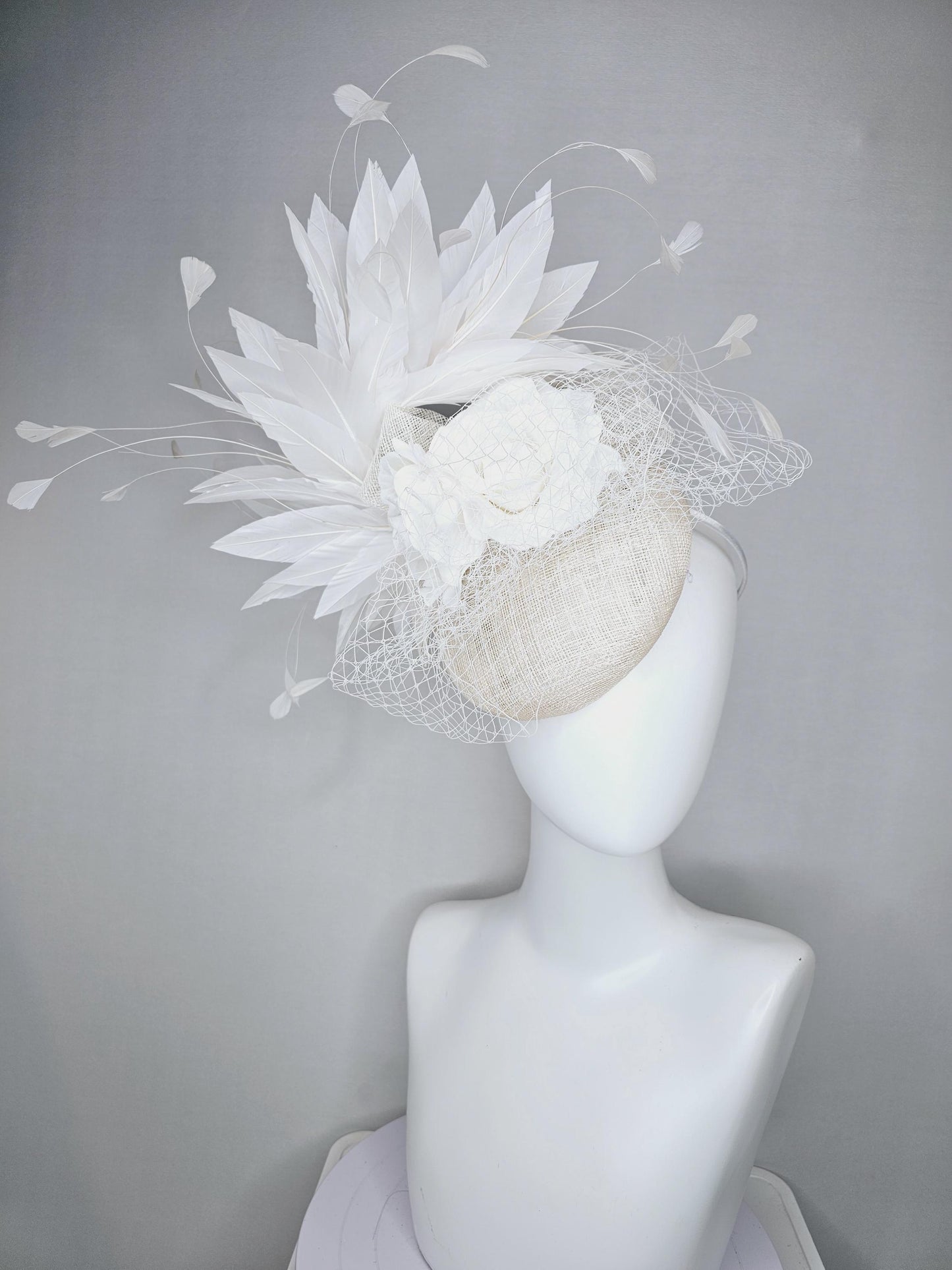 kentucky derby hat fascinator ivory white sinamay with sinamay bow and white satin roses white branching feathers with white mesh veil