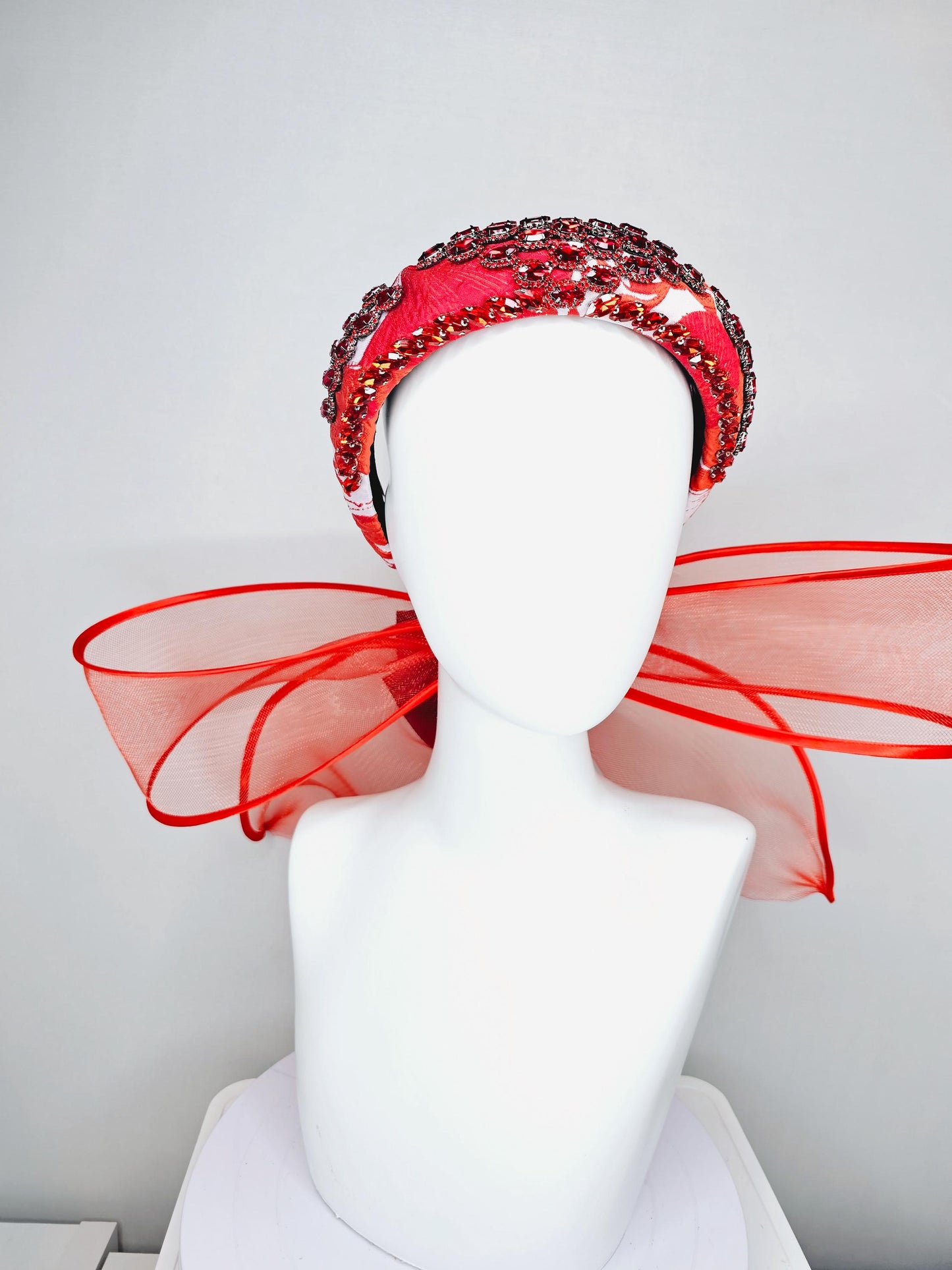 kentucky derby hat fascinator red white printed headband with red crystal rhinestone encrusted jewels large red mesh bow dark red satin bow