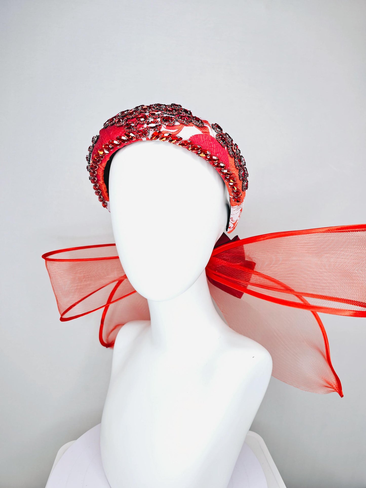 kentucky derby hat fascinator red white printed headband with red crystal rhinestone encrusted jewels large red mesh bow dark red satin bow