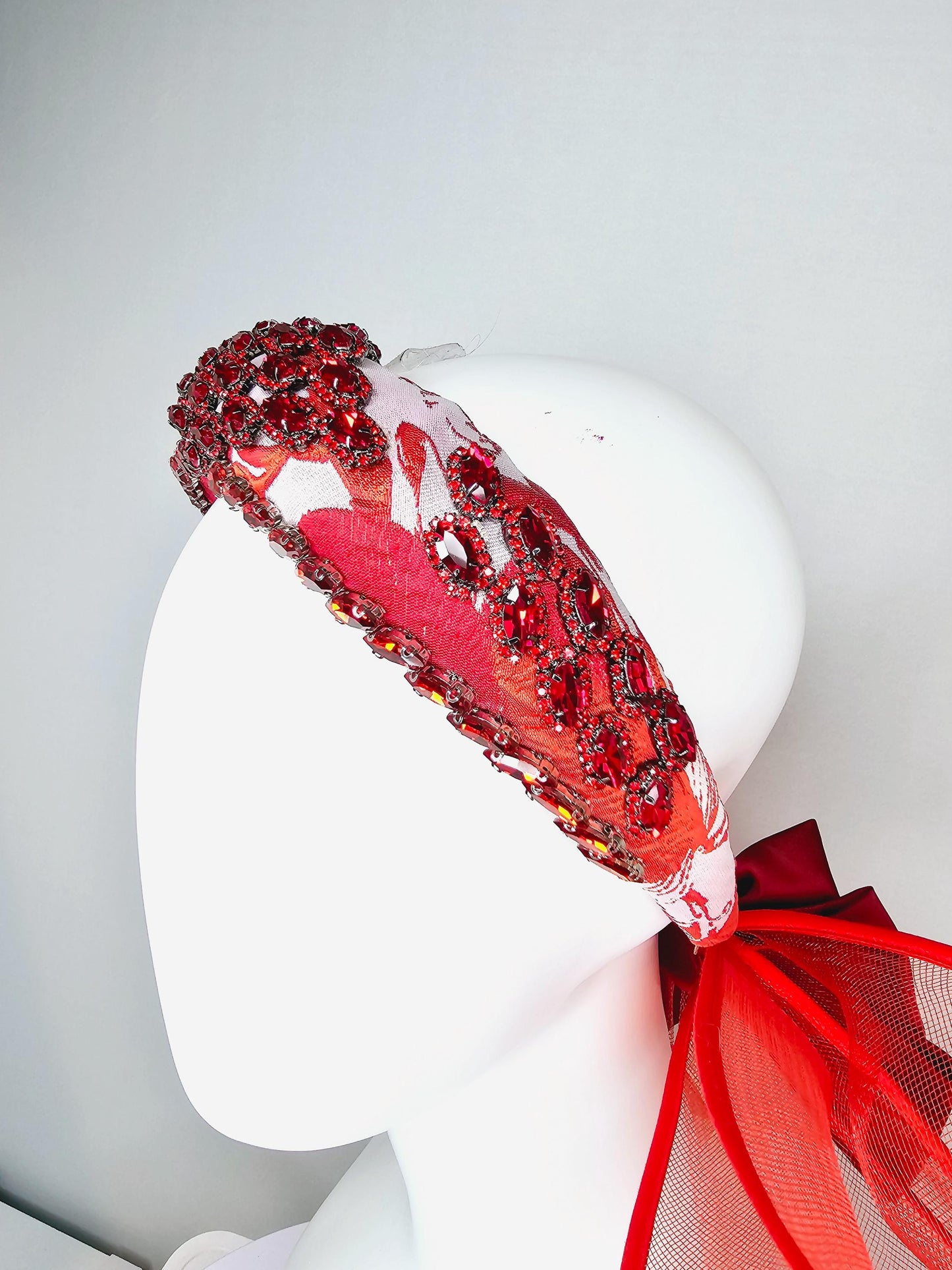 kentucky derby hat fascinator red white printed headband with red crystal rhinestone encrusted jewels large red mesh bow dark red satin bow