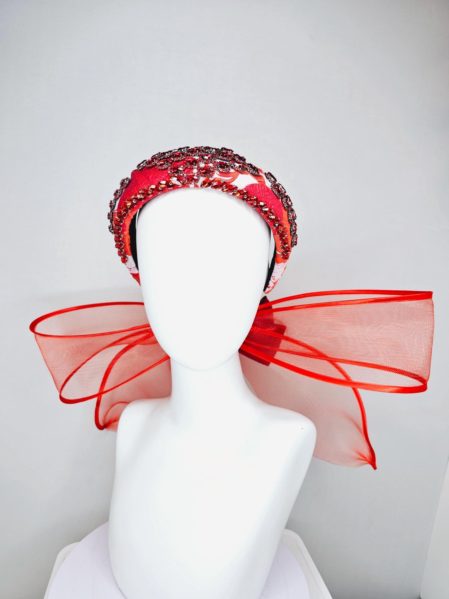 kentucky derby hat fascinator red white printed headband with red crystal rhinestone encrusted jewels large red mesh bow dark red satin bow