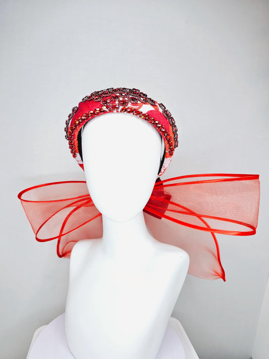 kentucky derby hat fascinator red white printed headband with red crystal rhinestone encrusted jewels large red mesh bow dark red satin bow