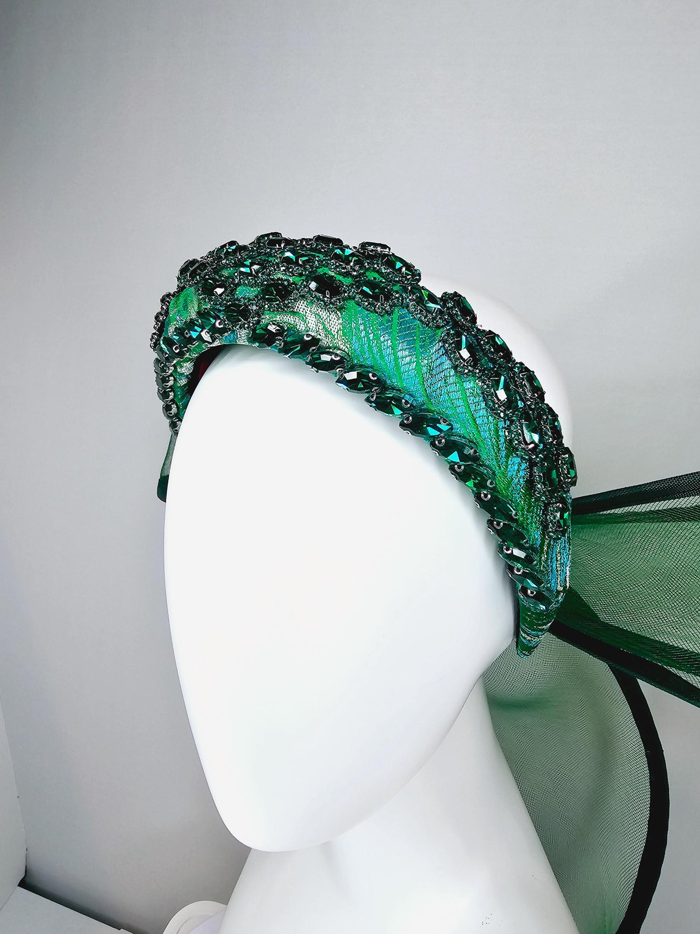 kentucky derby hat fascinator blue green headband with dark emerald green crystal rhinestone encrusted jewels large hunter green mesh bow