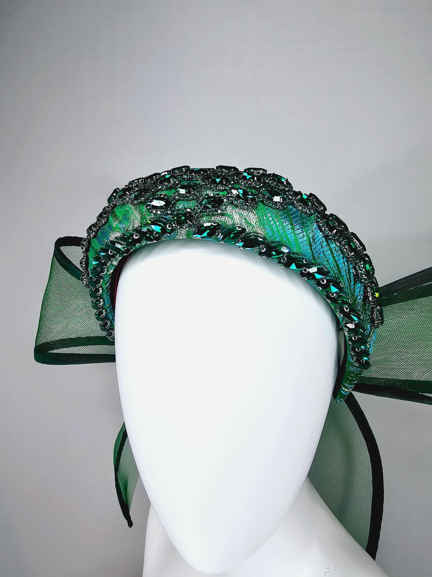 kentucky derby hat fascinator blue green headband with dark emerald green crystal rhinestone encrusted jewels large hunter green mesh bow