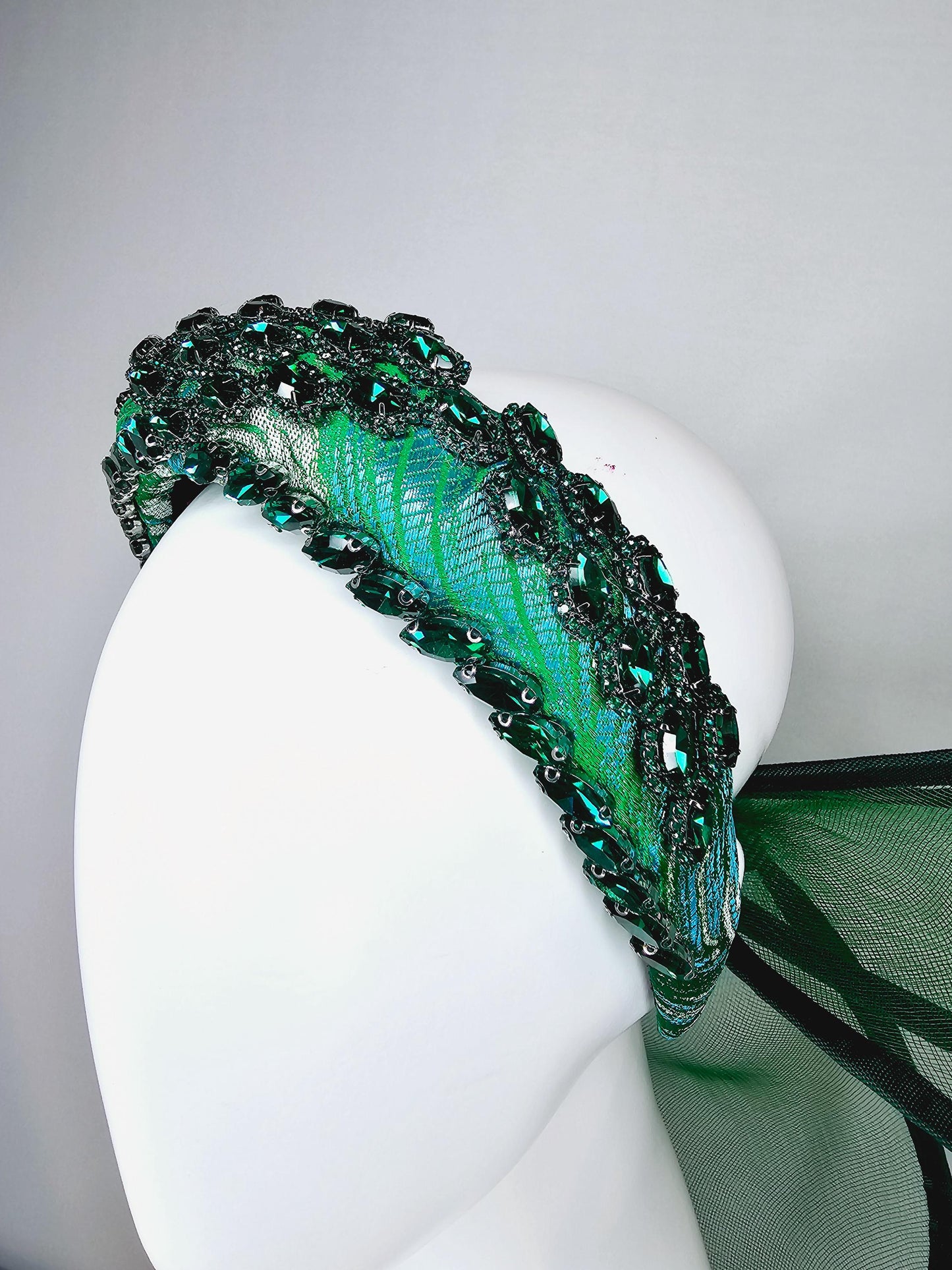 kentucky derby hat fascinator blue green headband with dark emerald green crystal rhinestone encrusted jewels large hunter green mesh bow