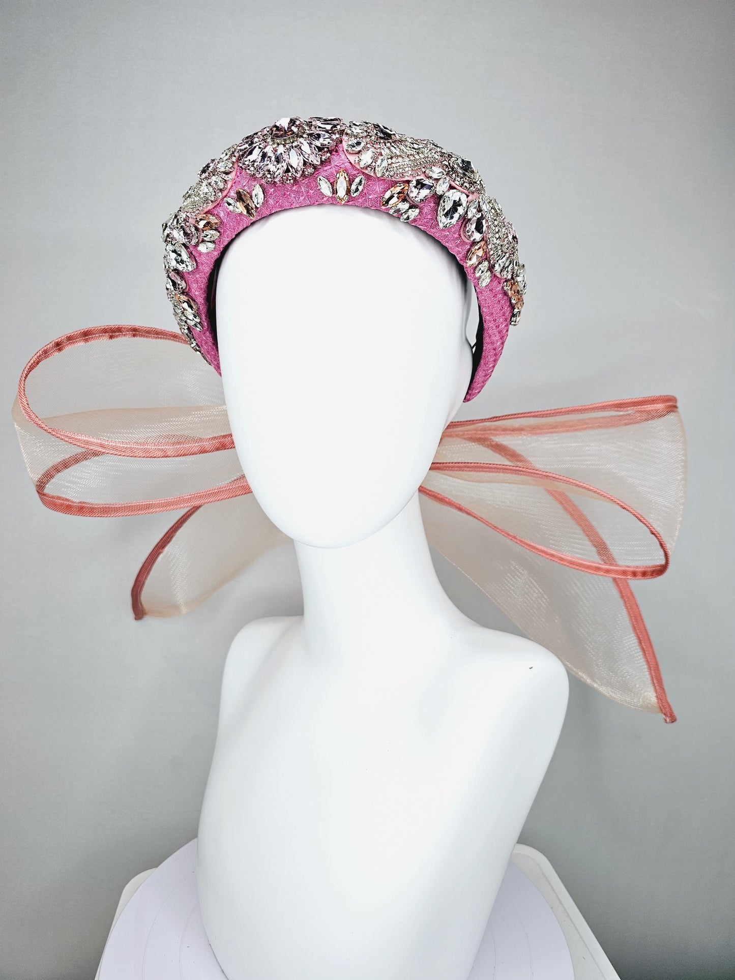 kentucky derby hat fascinator pink headband with iridescent pink tones crystal rhinestone encrusted jewels large dusty blush pink mesh bow
