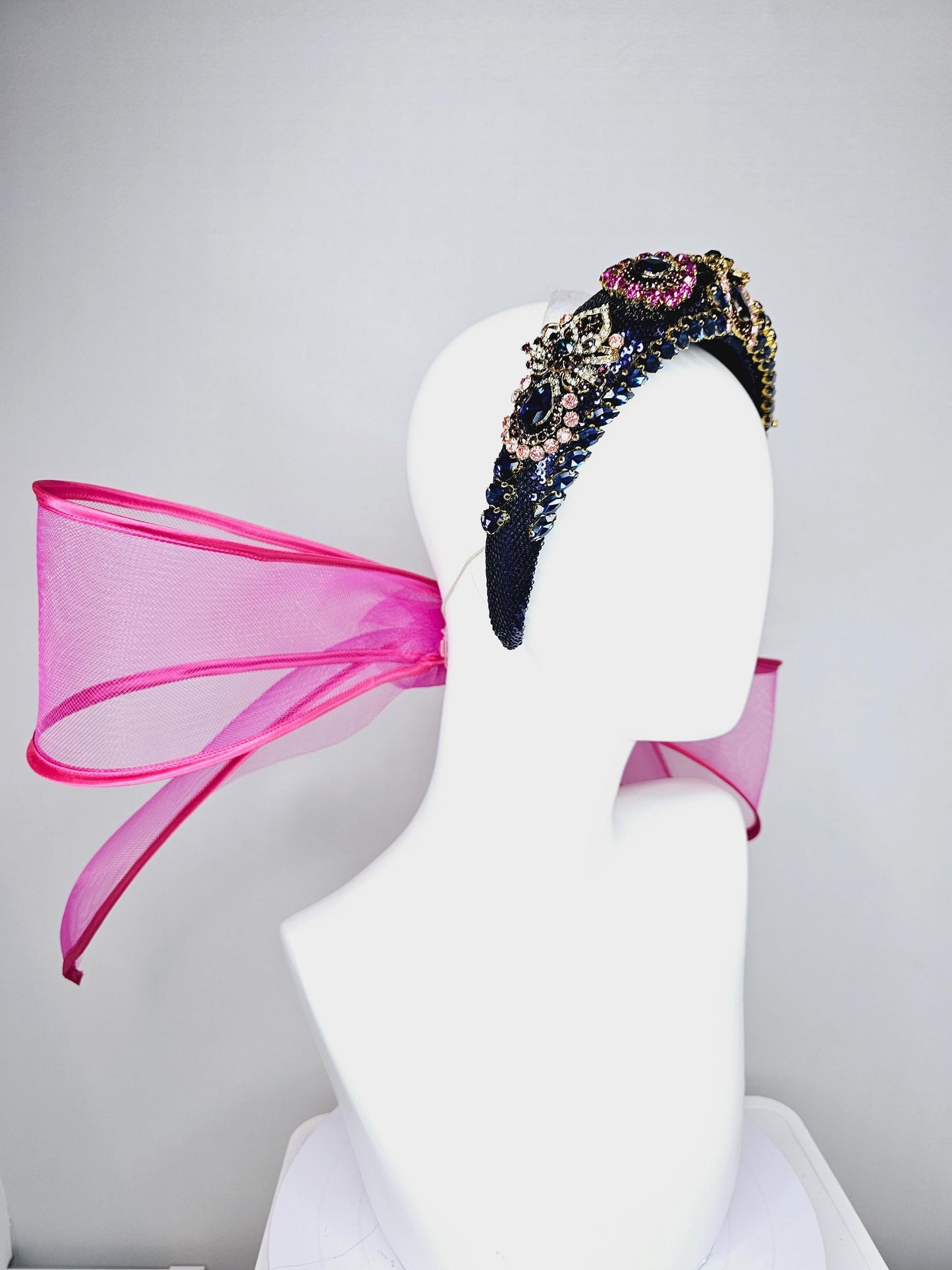 kentucky derby hat fascinator dark blue sequin headband blue purple pink crystal rhinestone encrusted gold jewels large hot pink mesh bow