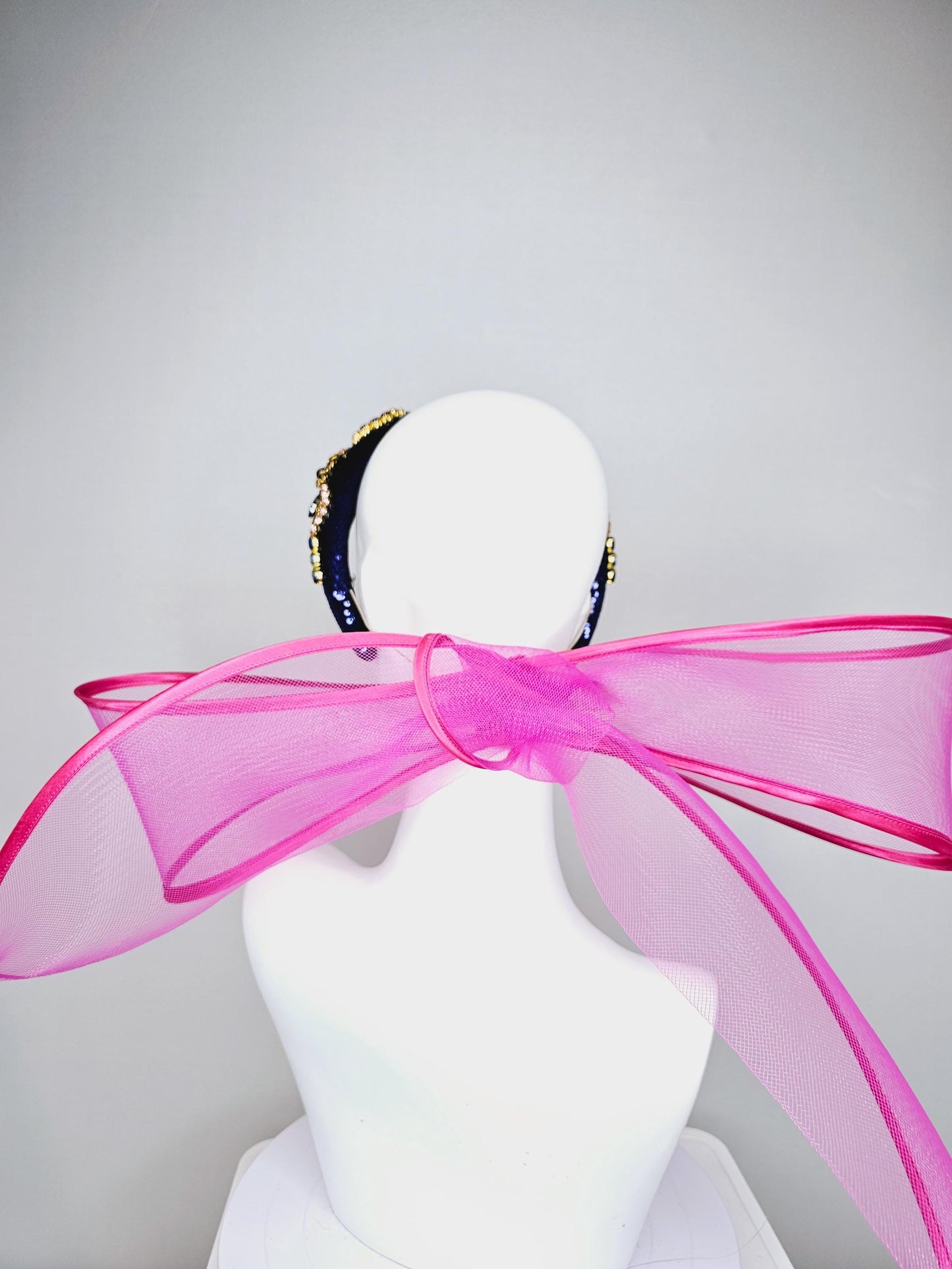 kentucky derby hat fascinator dark blue sequin headband blue purple pink crystal rhinestone encrusted gold jewels large hot pink mesh bow