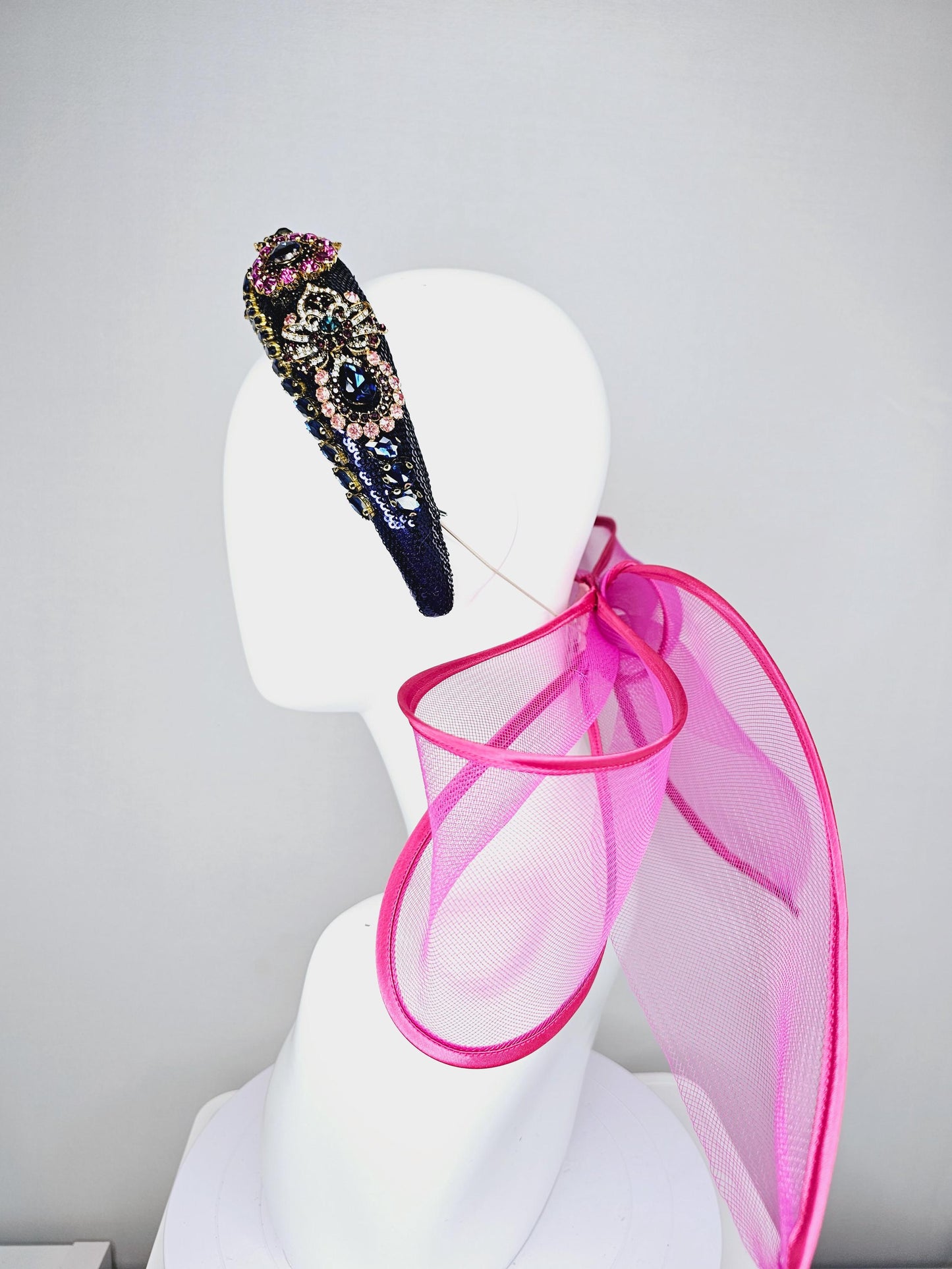 kentucky derby hat fascinator dark blue sequin headband blue purple pink crystal rhinestone encrusted gold jewels large hot pink mesh bow
