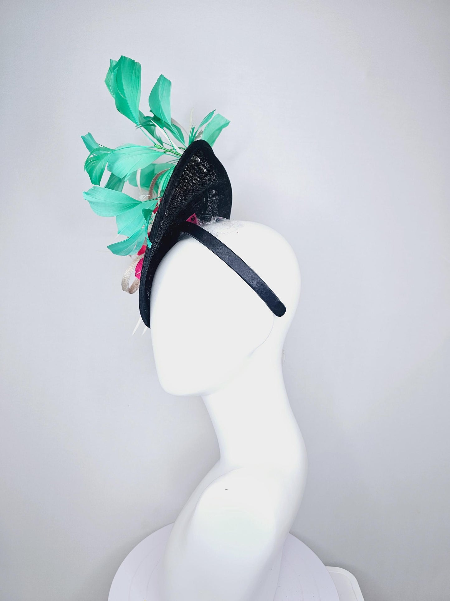 kentucky derby hat fascinator black and silver leopard saucer pink and red roses and green  feathers white sinamay ribbon