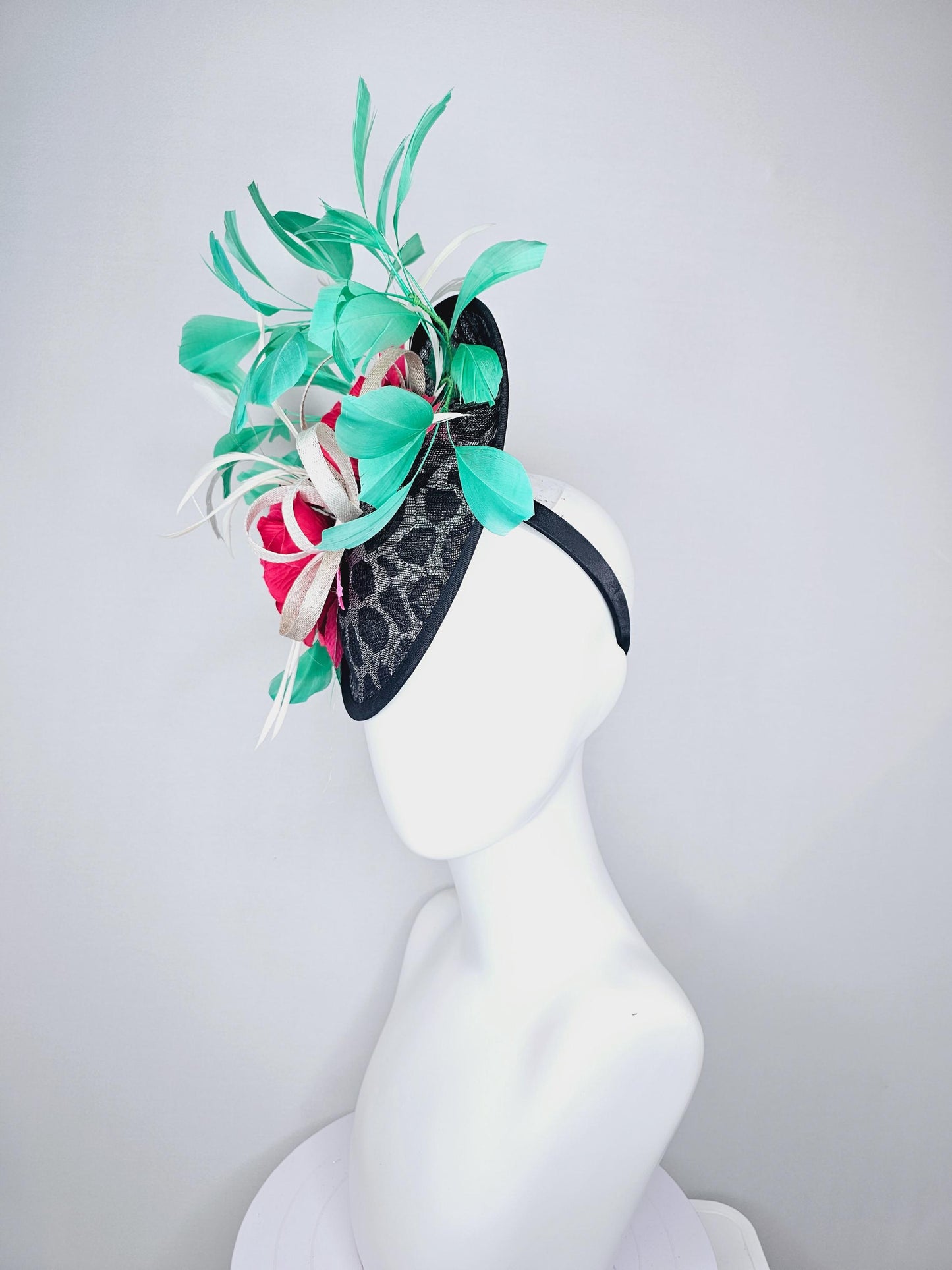 kentucky derby hat fascinator black and silver leopard saucer pink and red roses and green  feathers white sinamay ribbon