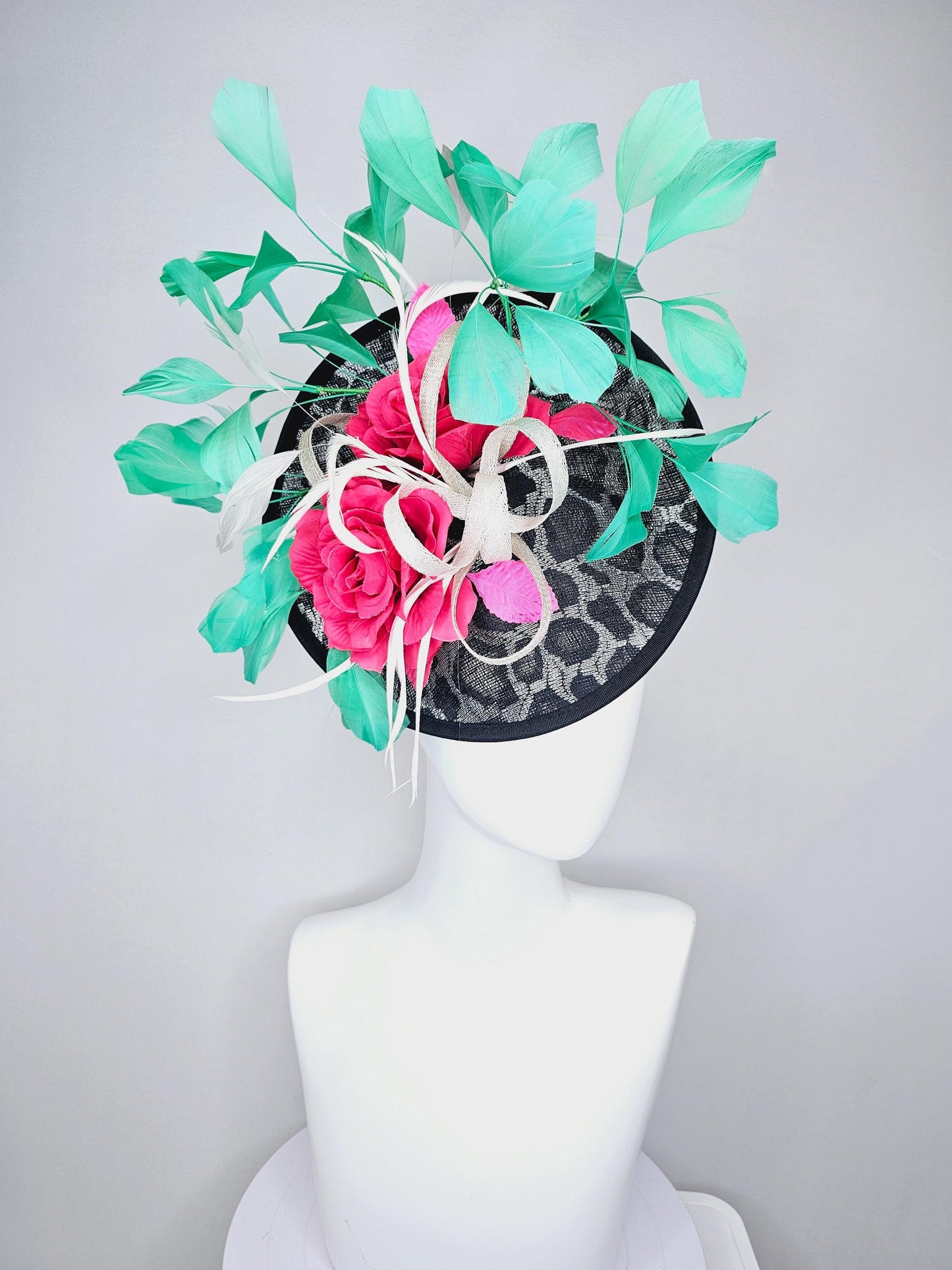 kentucky derby hat fascinator black and silver leopard saucer pink and red roses and green  feathers white sinamay ribbon