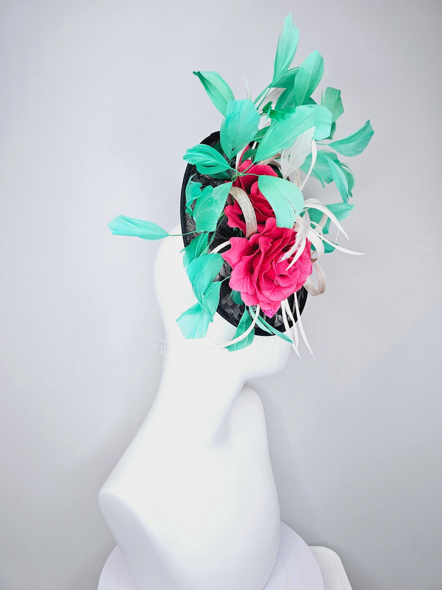 kentucky derby hat fascinator black and silver leopard saucer pink and red roses and green  feathers white sinamay ribbon