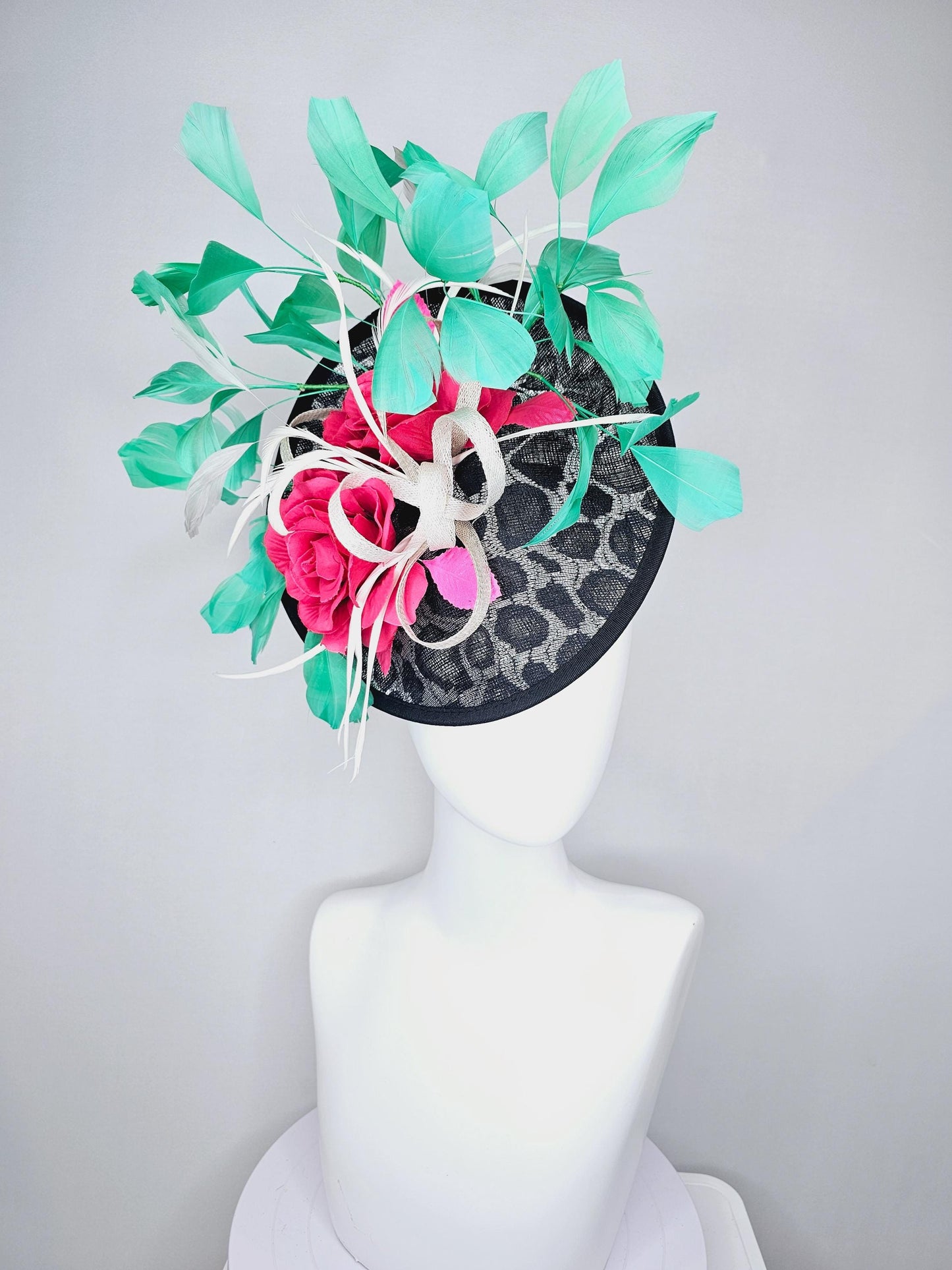 kentucky derby hat fascinator black and silver leopard saucer pink and red roses and green  feathers white sinamay ribbon