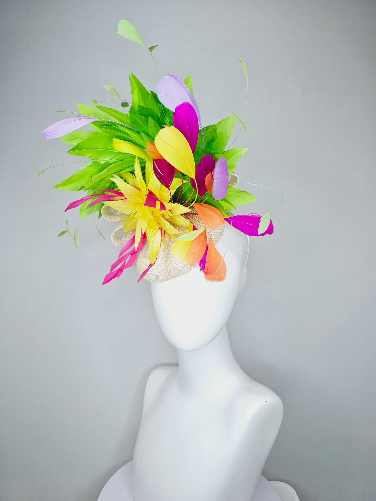 kentucky derby hat fascinator white ivory sinamay with rainbow feathers green orange fuchsia pink feathers with yellow feather flower