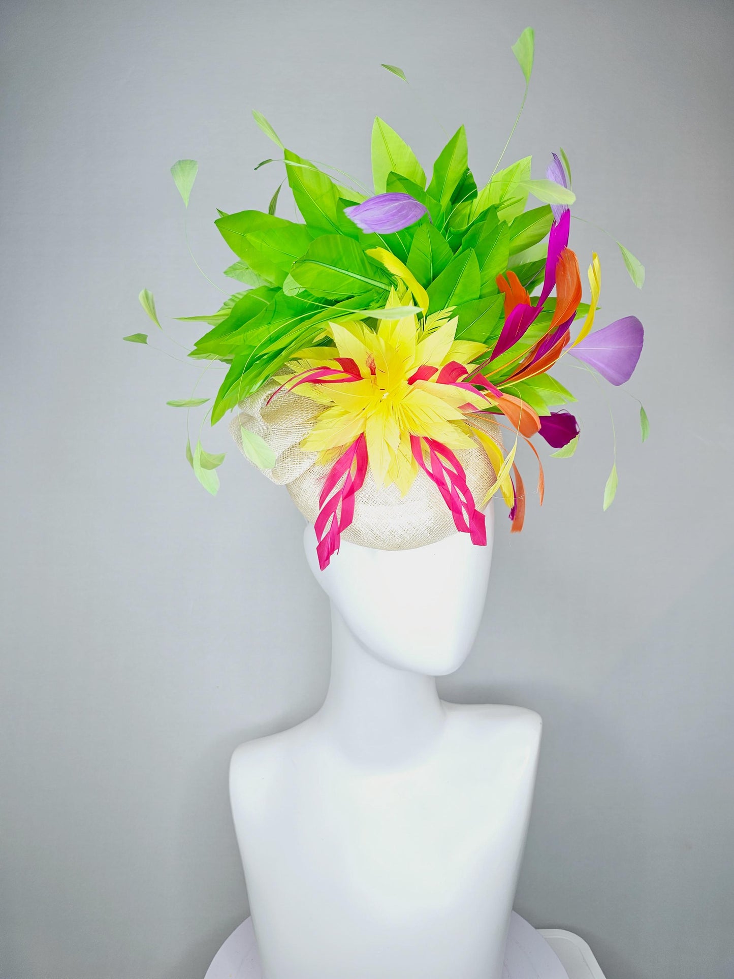 kentucky derby hat fascinator white ivory sinamay with rainbow feathers green orange fuchsia pink feathers with yellow feather flower