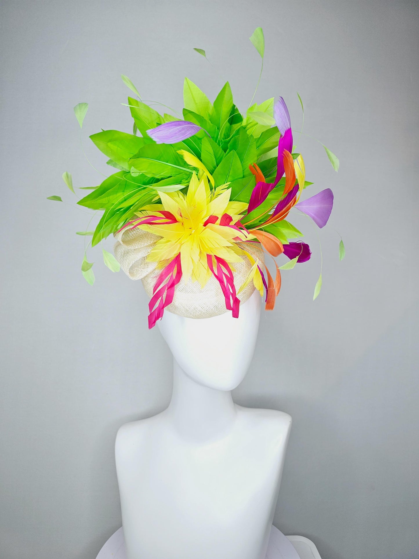 kentucky derby hat fascinator white ivory sinamay with rainbow feathers green orange fuchsia pink feathers with yellow feather flower