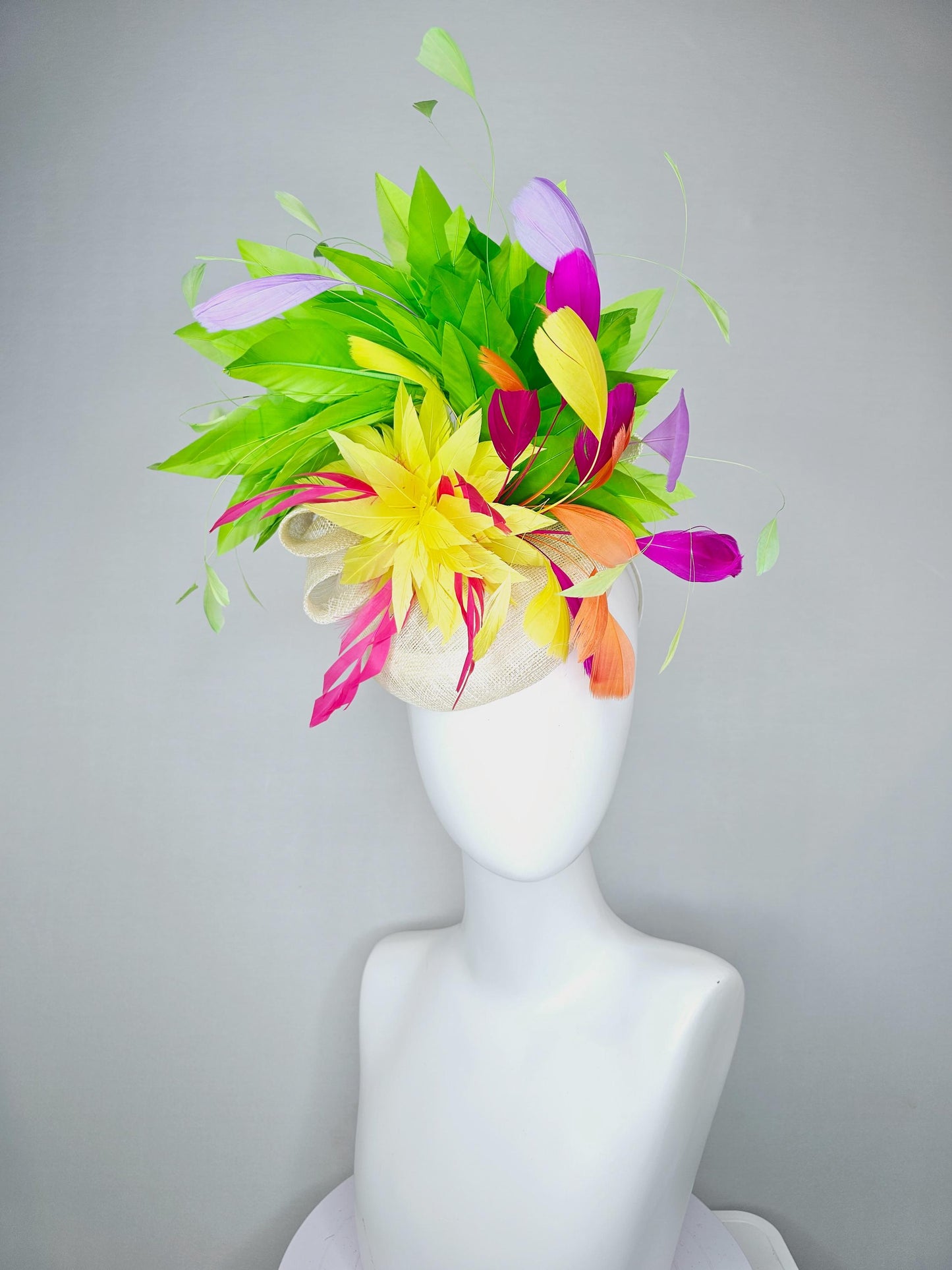kentucky derby hat fascinator white ivory sinamay with rainbow feathers green orange fuchsia pink feathers with yellow feather flower