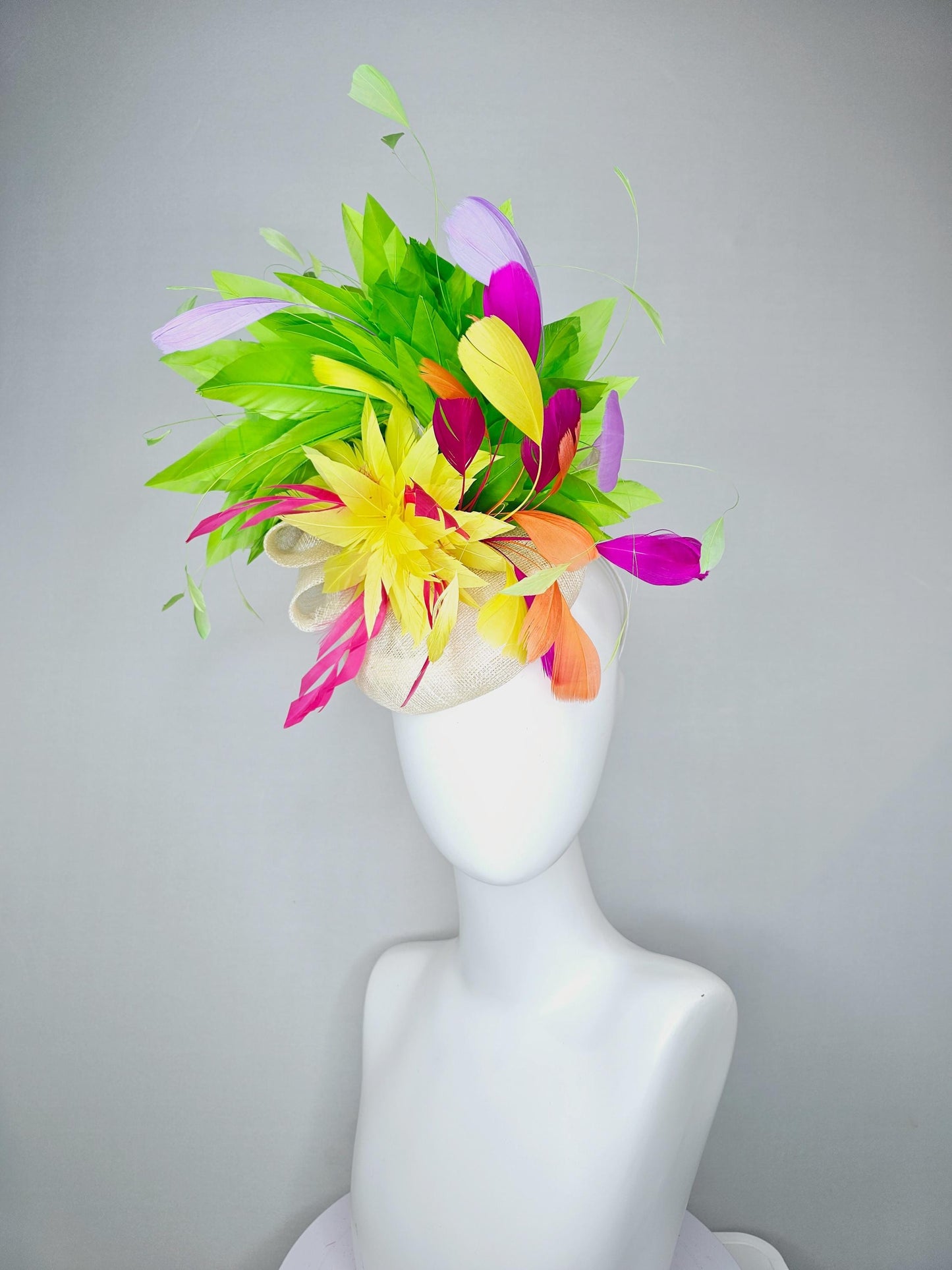 kentucky derby hat fascinator white ivory sinamay with rainbow feathers green orange fuchsia pink feathers with yellow feather flower