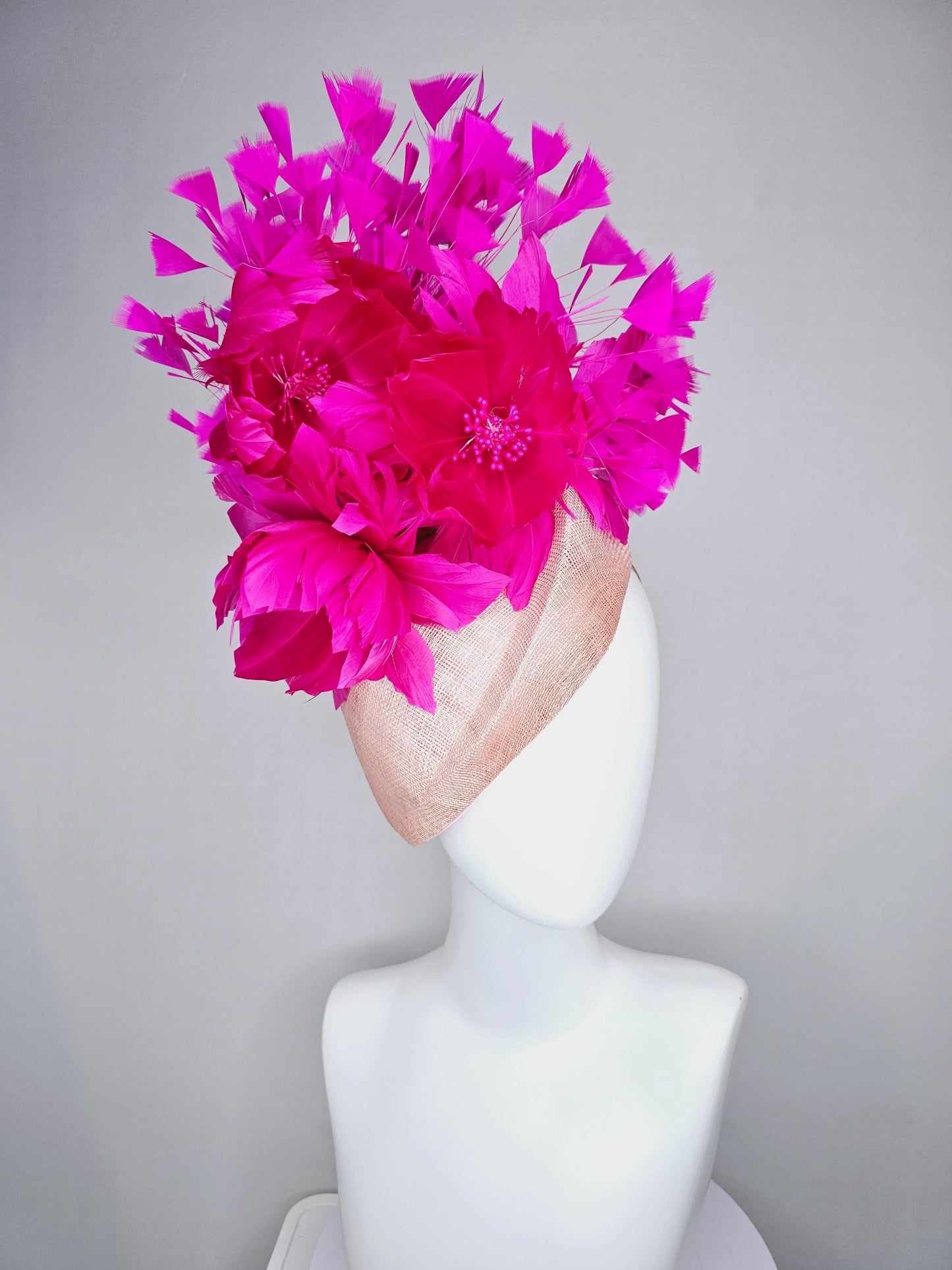 kentucky derby hat fascinator light blush pink  pointed teardrop perch sinamay with fluffy fuchsia pink feather flowers pink feathers