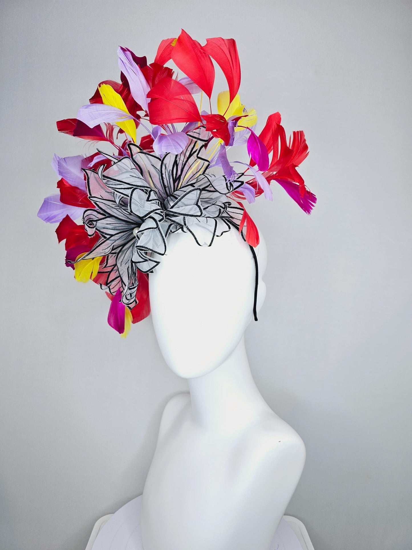 kentucky derby hat fascinator purple violet red and yellow feathers with large chiffon black and white flowers