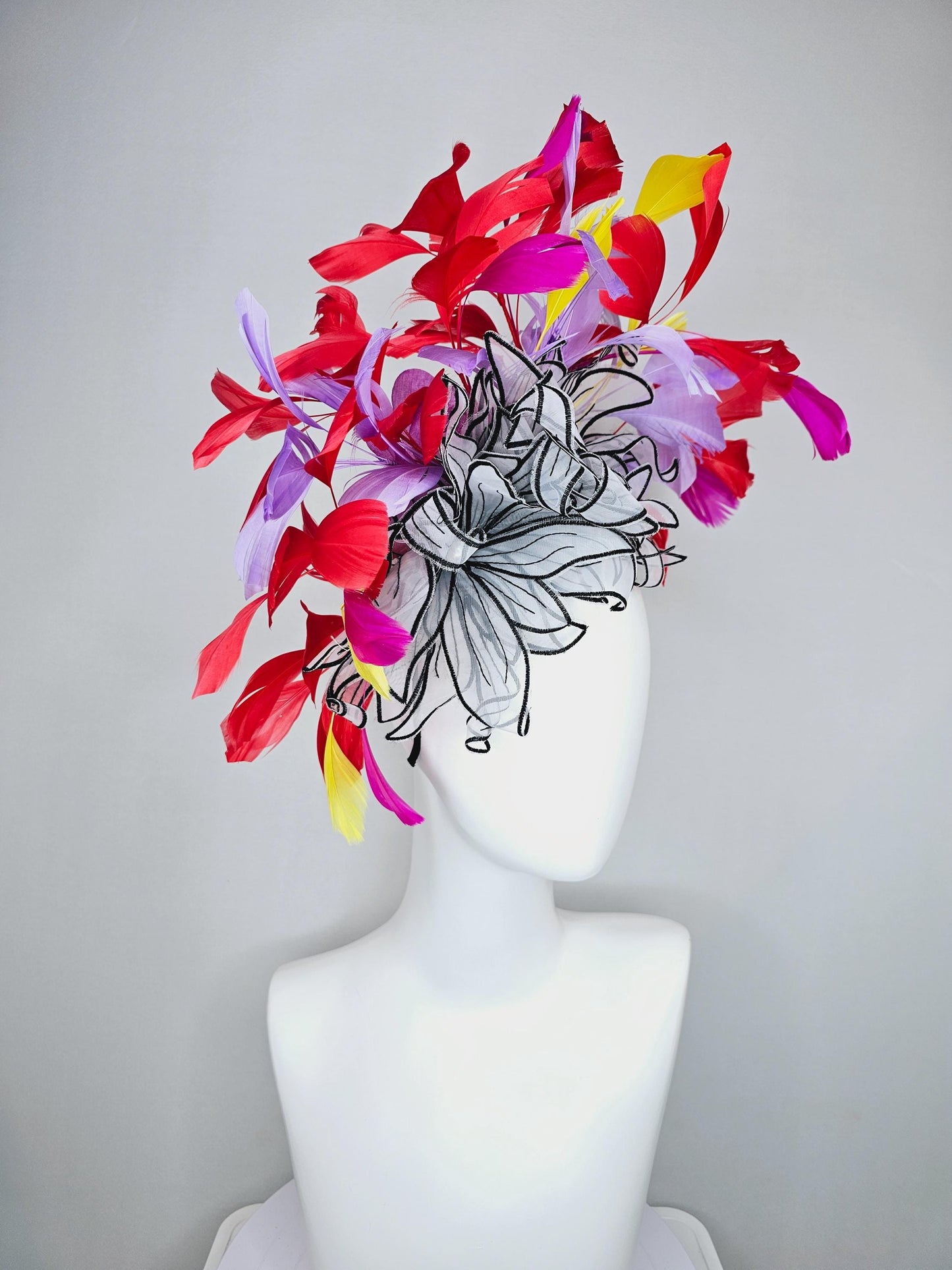 kentucky derby hat fascinator purple violet red and yellow feathers with large chiffon black and white flowers