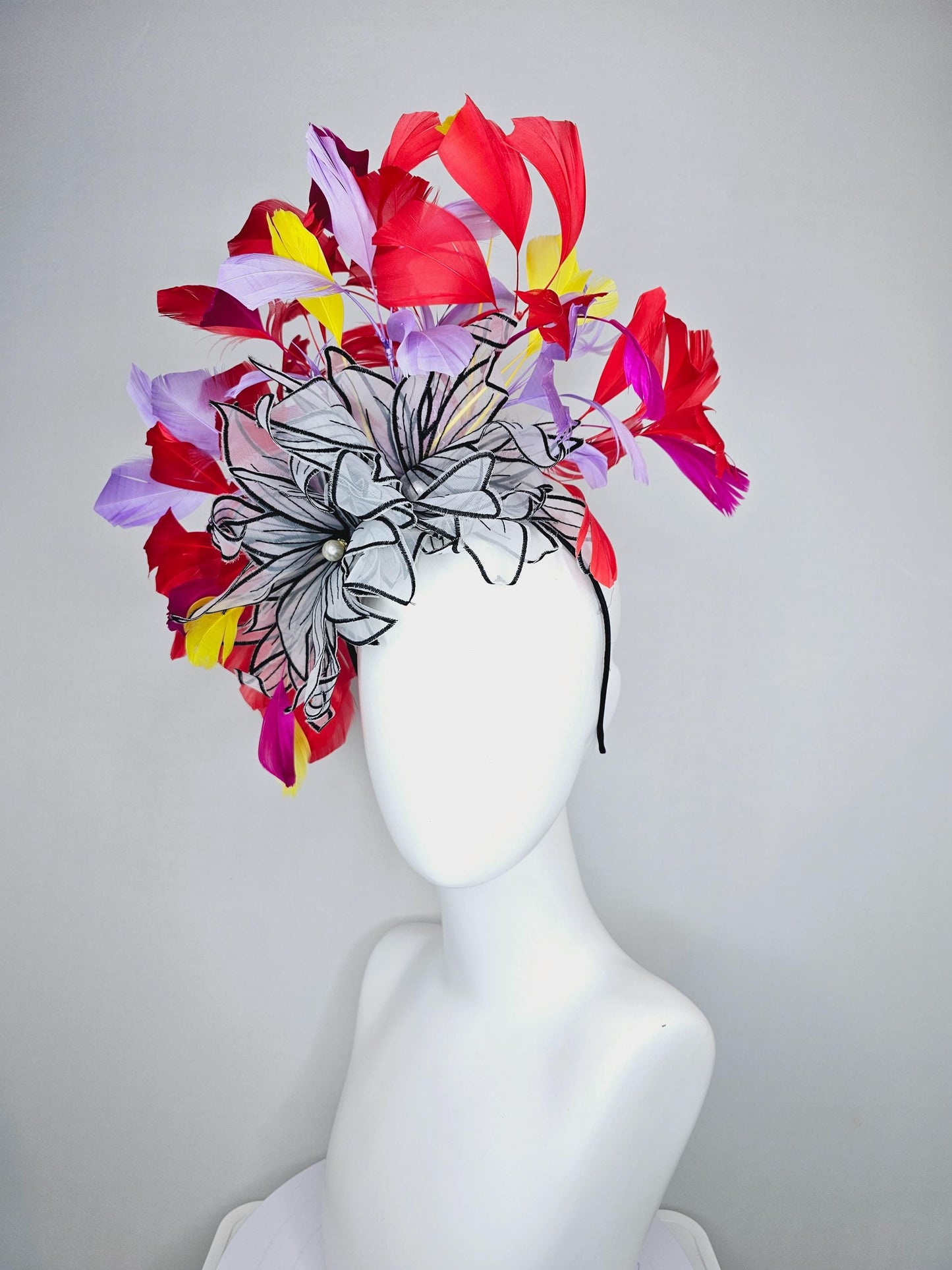 kentucky derby hat fascinator purple violet red and yellow feathers with large chiffon black and white flowers