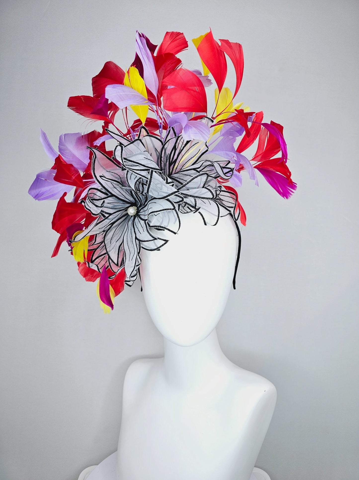 kentucky derby hat fascinator purple violet red and yellow feathers with large chiffon black and white flowers